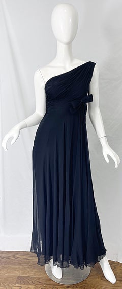 Malcolm Starr 1960s Black Silk Chiffon Grecian One Shoulder Vintage 60s Gown