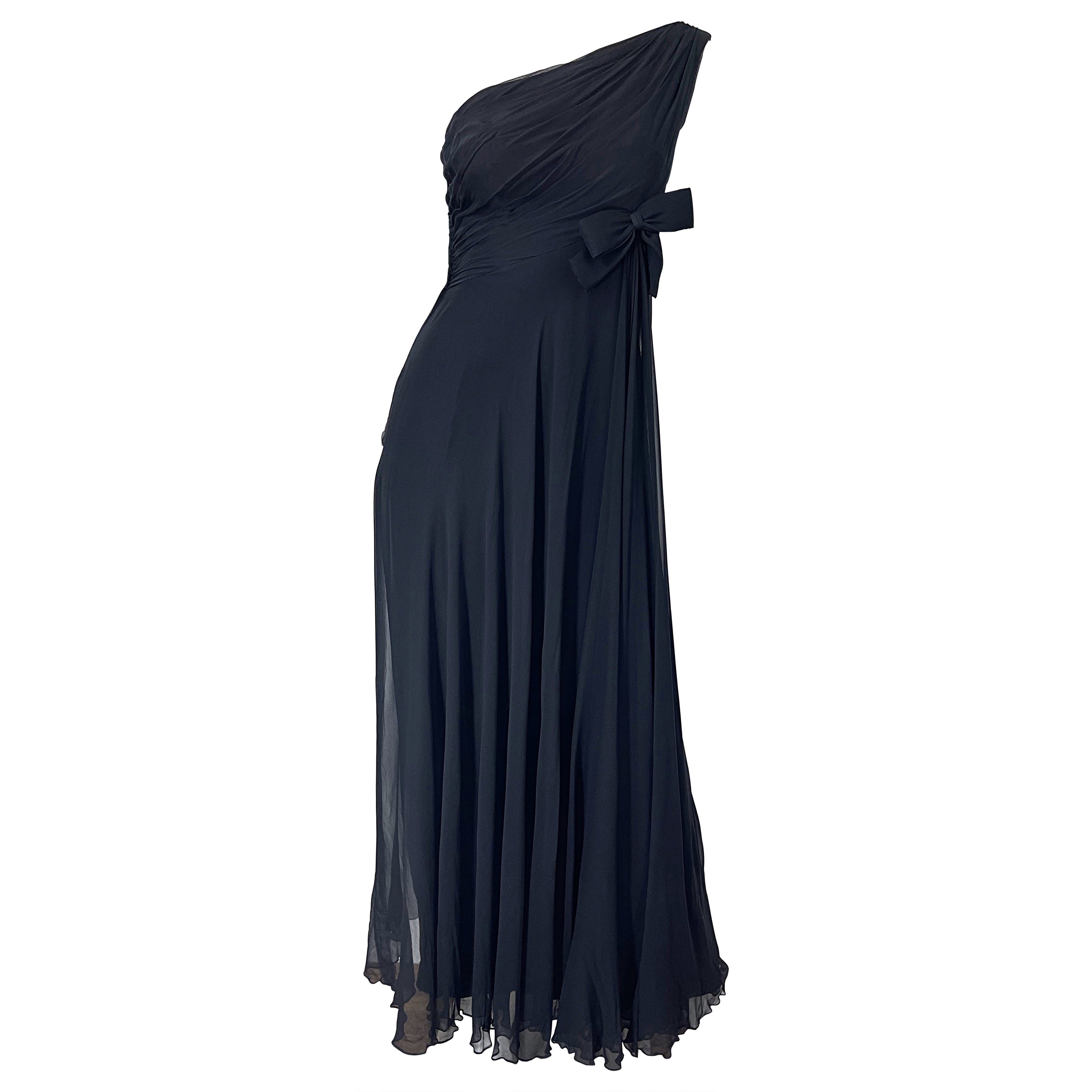 Malcolm Starr 1960s Black Silk Chiffon Grecian One Shoulder Vintage 60s Gown For Sale