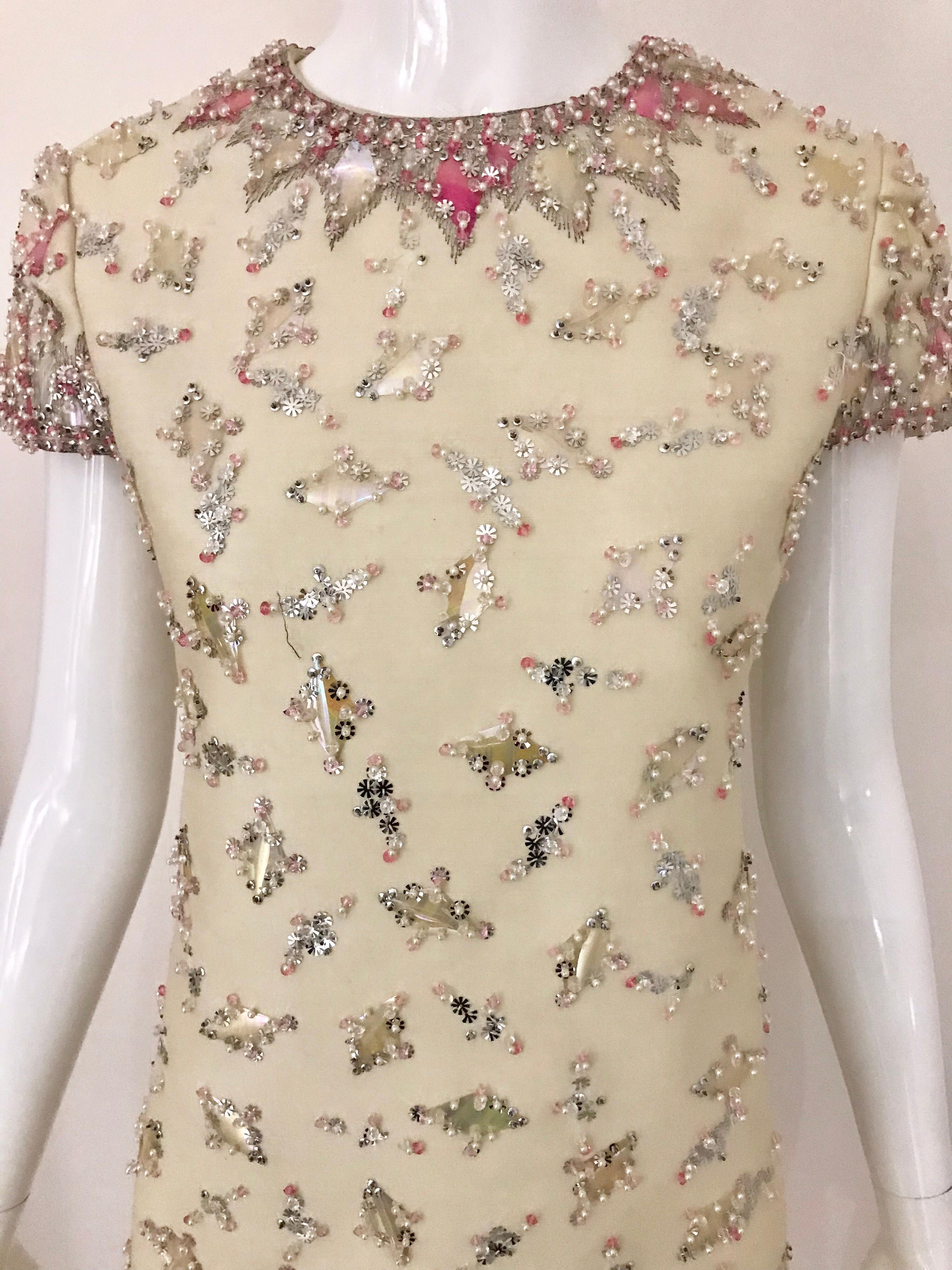 1960s  Malcolm Starr Creme Embellished Shift Dress 3