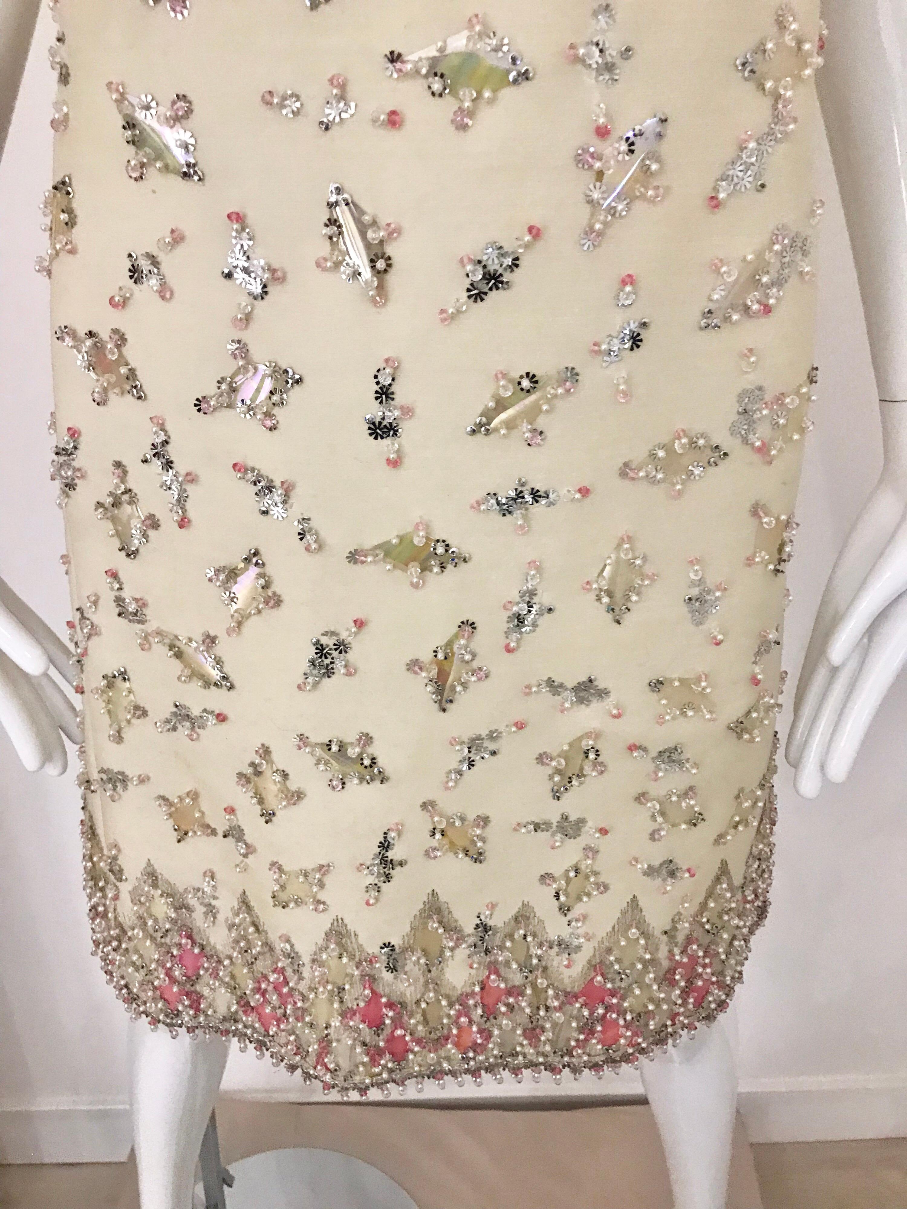 1960s  Malcolm Starr Creme Embellished Shift Dress In Good Condition In Beverly Hills, CA