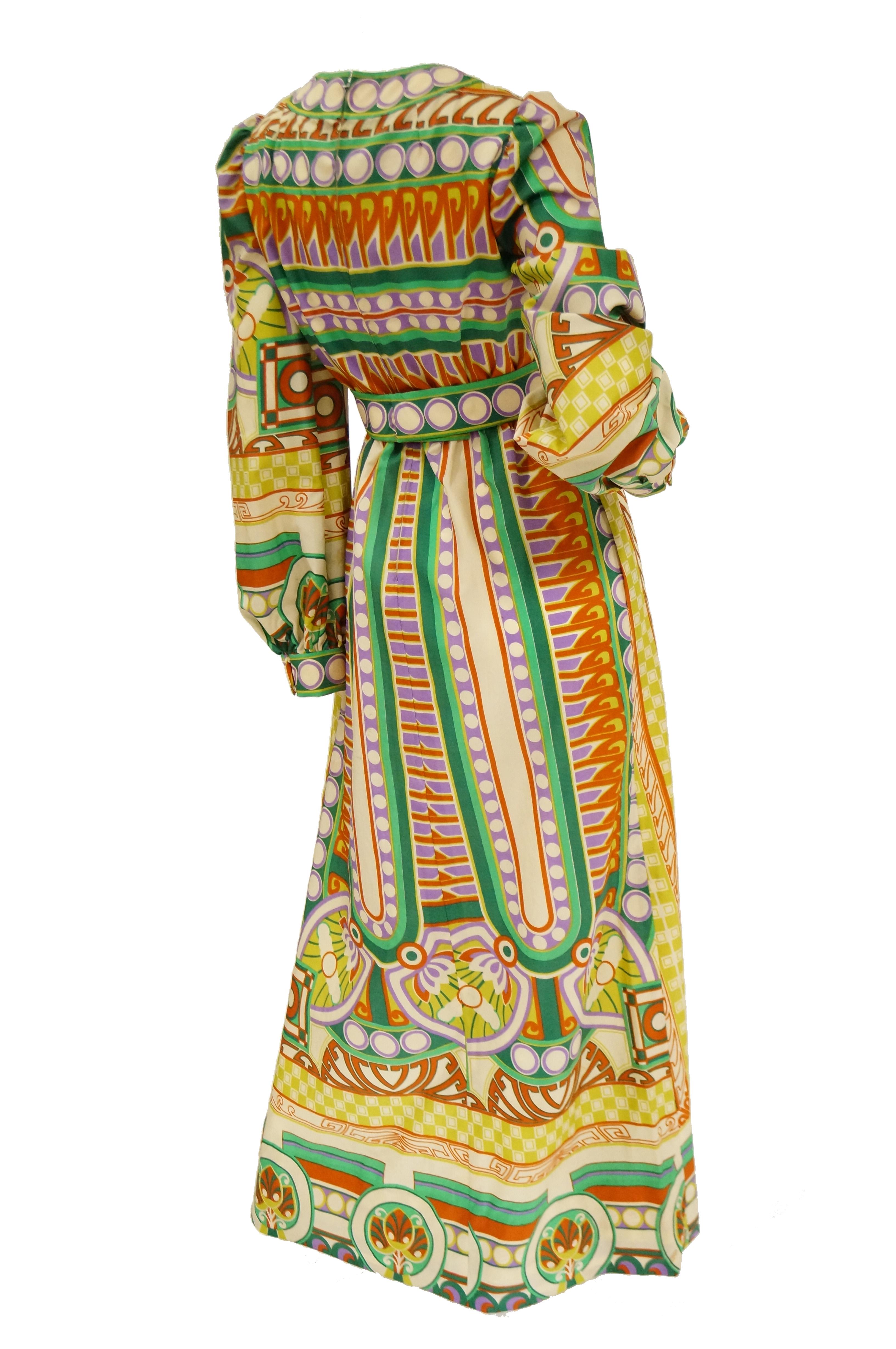 1960s Malcolm Starr Deco Floral Maxi Dress in Green & Yellow 2