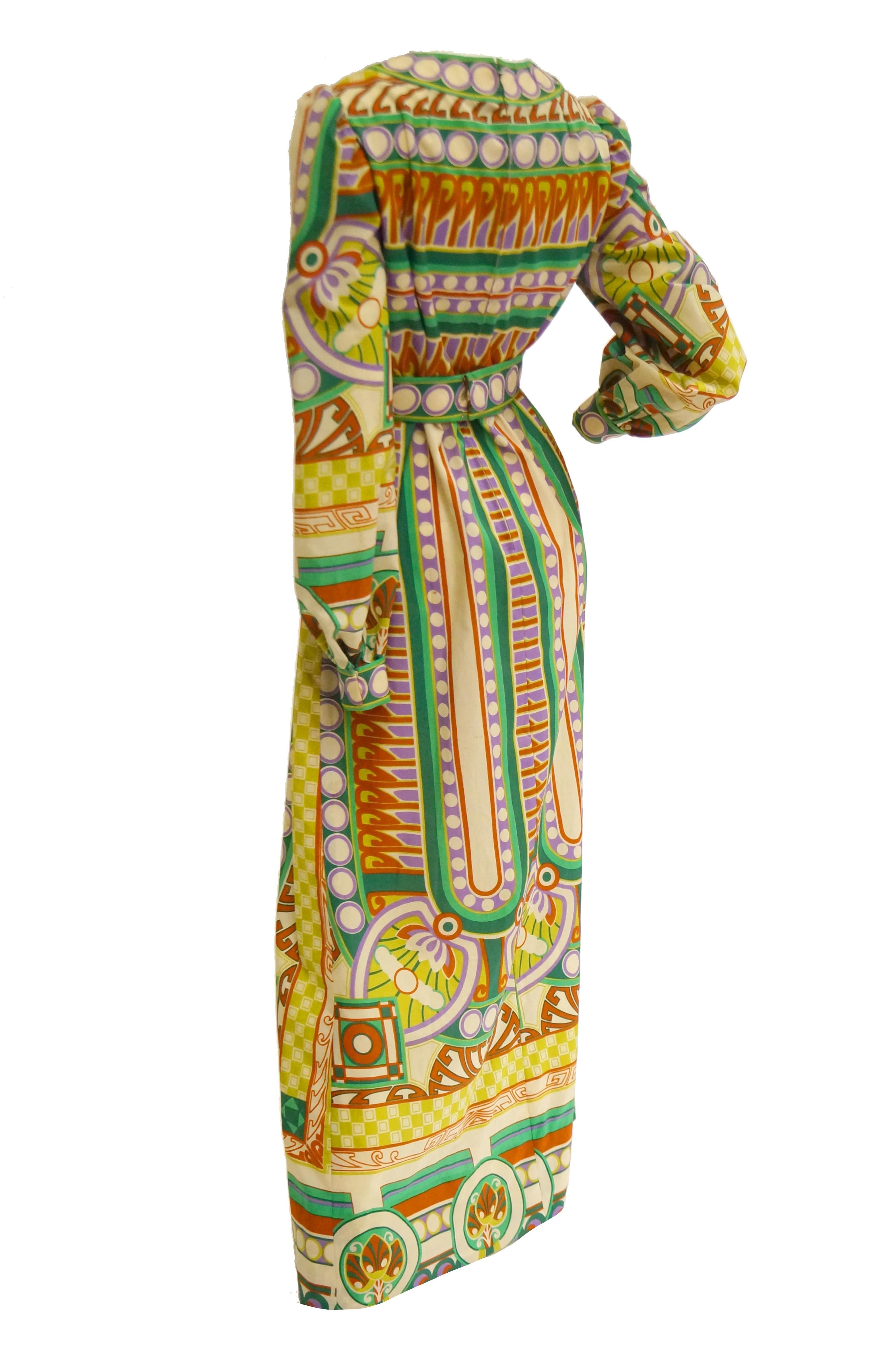 1960s Malcolm Starr Deco Floral Maxi Dress in Green & Yellow 3