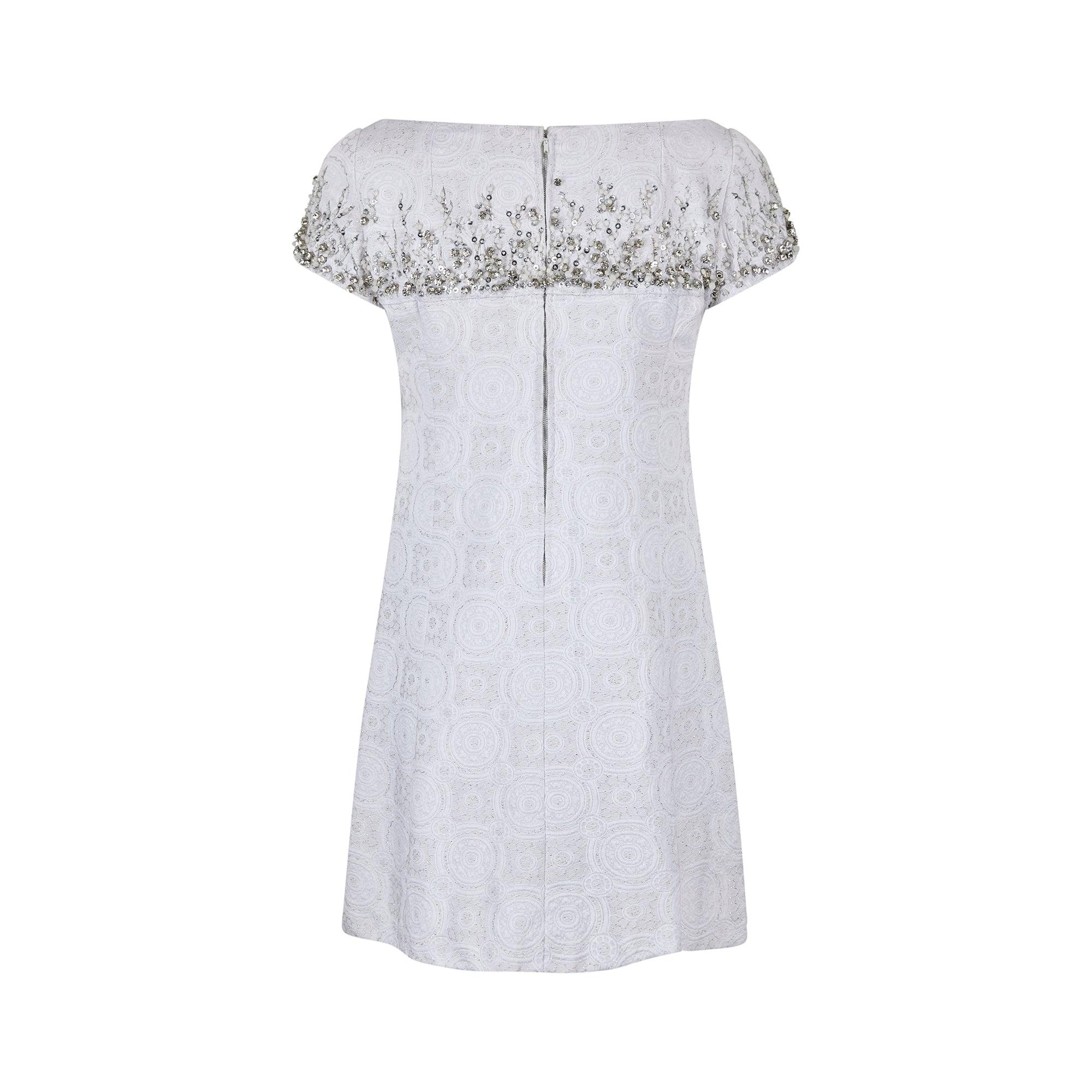 1960s Malcolm Starr Diamante White and Silver Weave Dress In Excellent Condition For Sale In London, GB