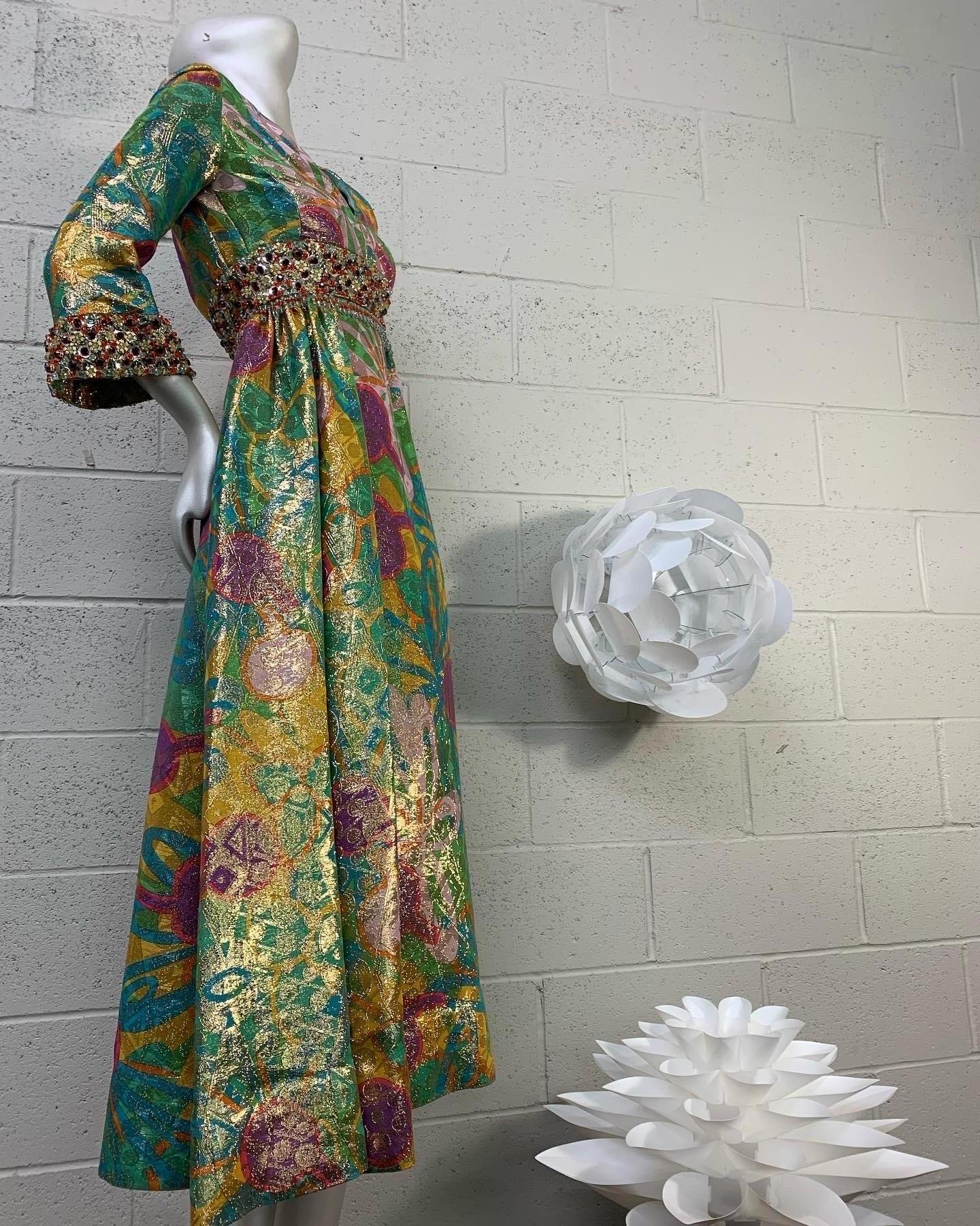 1960s Malcolm Starr Floral Lame Hostess Gown with Heavily Jeweled Waist & Cuffs  9
