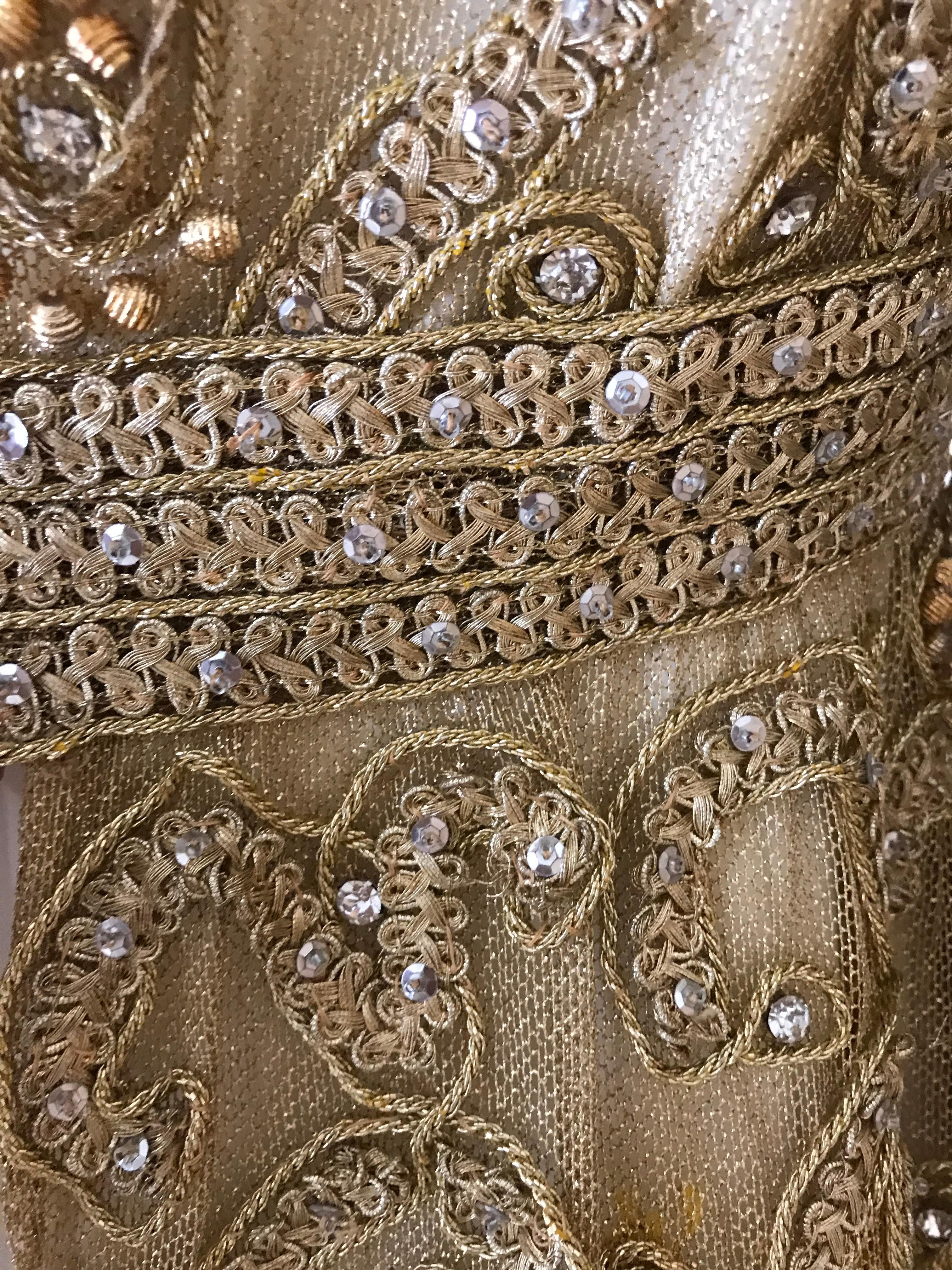 1960s Malcolm Starr Gold Metallic Embroidered Long Sleeve Cocktail Dress For Sale 4