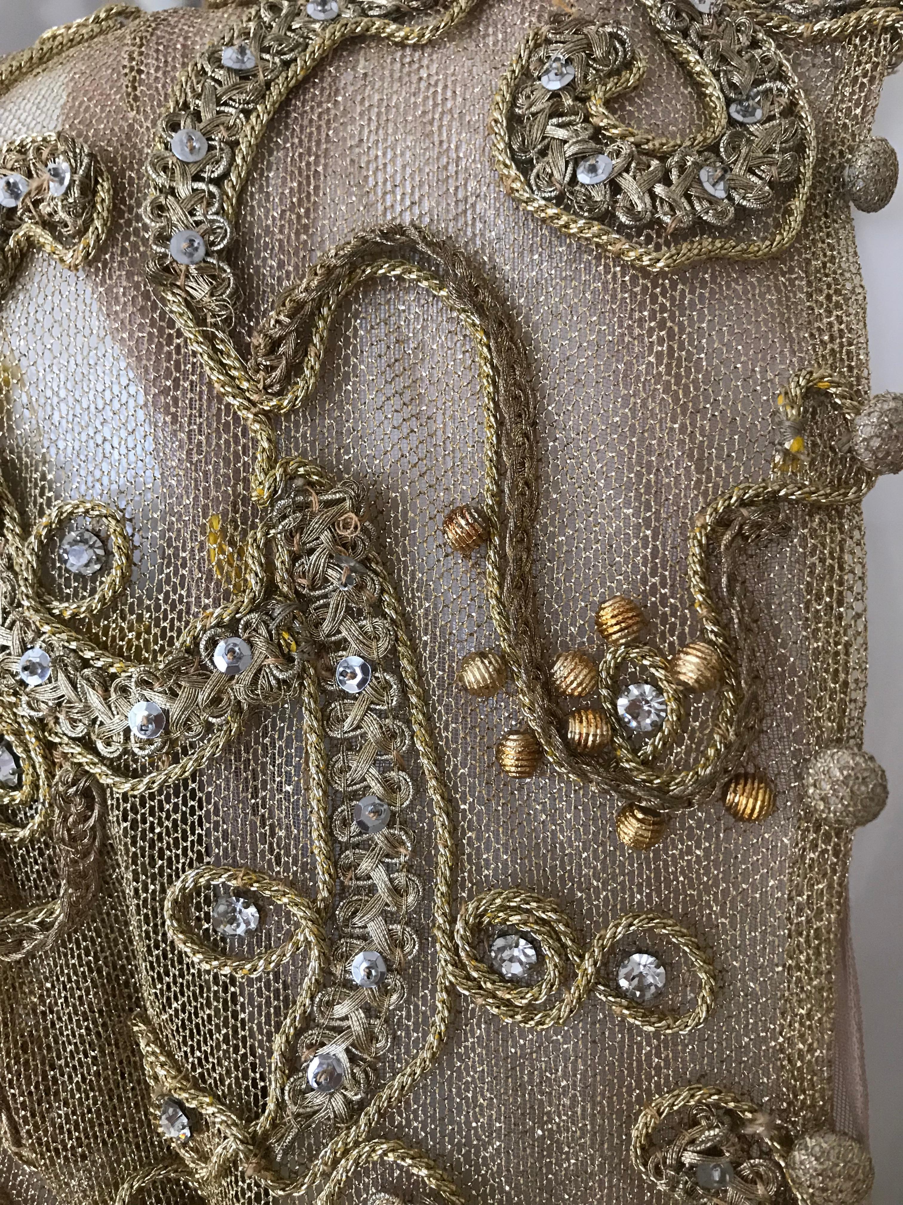 1960s Malcolm Starr Gold Metallic Embroidered Long Sleeve Cocktail Dress For Sale 5