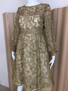 1960s Malcolm Starr Gold Metallic Embroidered Long Sleeve Cocktail Dress