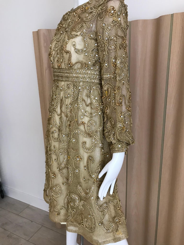 1960s Malcolm Starr Gold Metallic Embroidered Long Sleeve Cocktail Dress  For Sale at 1stDibs | malcolm starr vintage dress, gold metallic dress long  sleeve