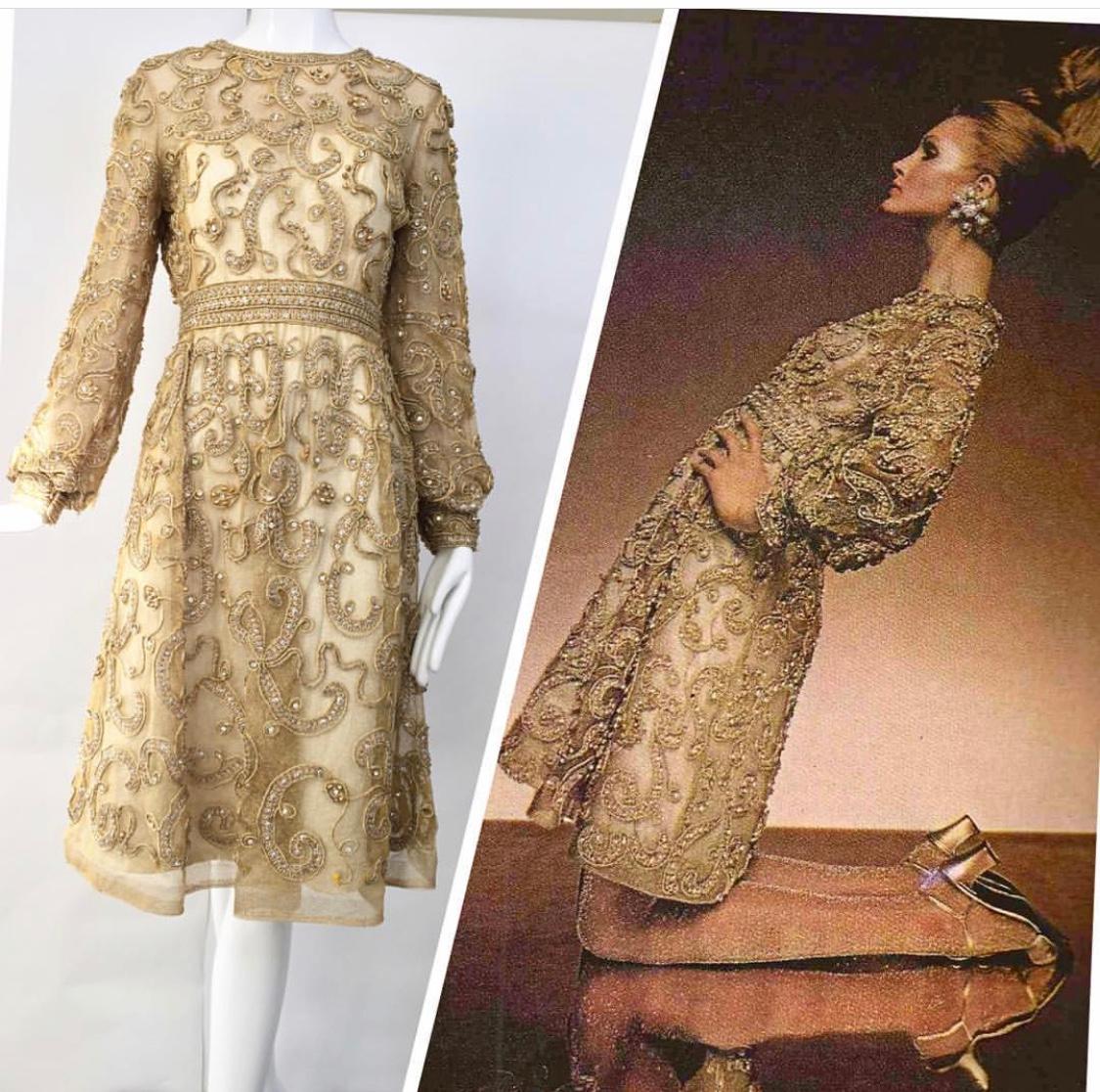 1960s Malcolm Starr Gold Metallic Embroidered Long Sleeve Cocktail Dress In Good Condition For Sale In Beverly Hills, CA
