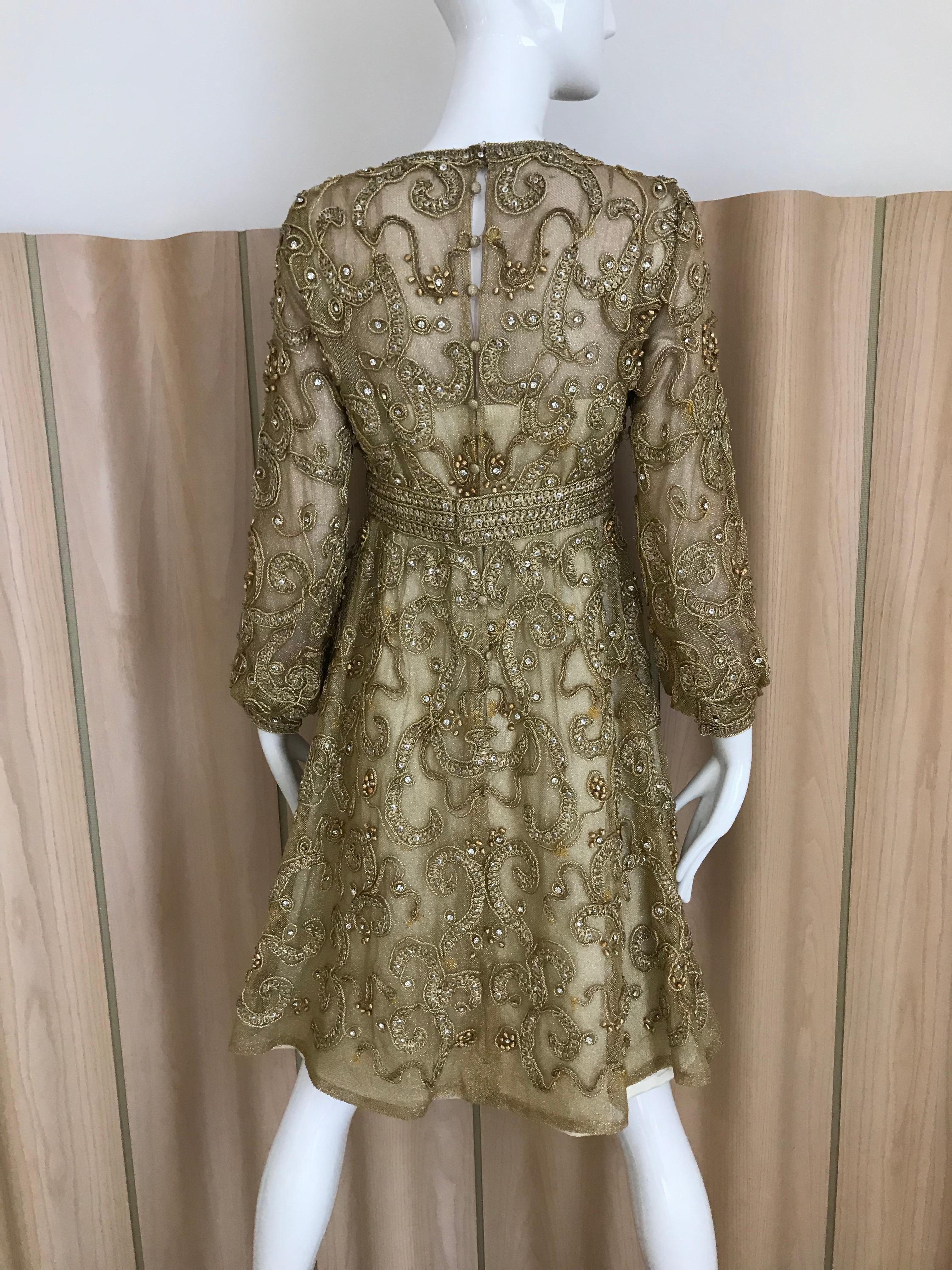 1960s Malcolm Starr Gold Metallic Embroidered Long Sleeve Cocktail Dress For Sale 2