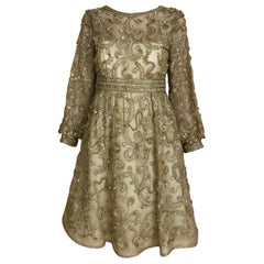 1960s Malcolm Starr Gold Metallic Embroidered Long Sleeve Cocktail Dress