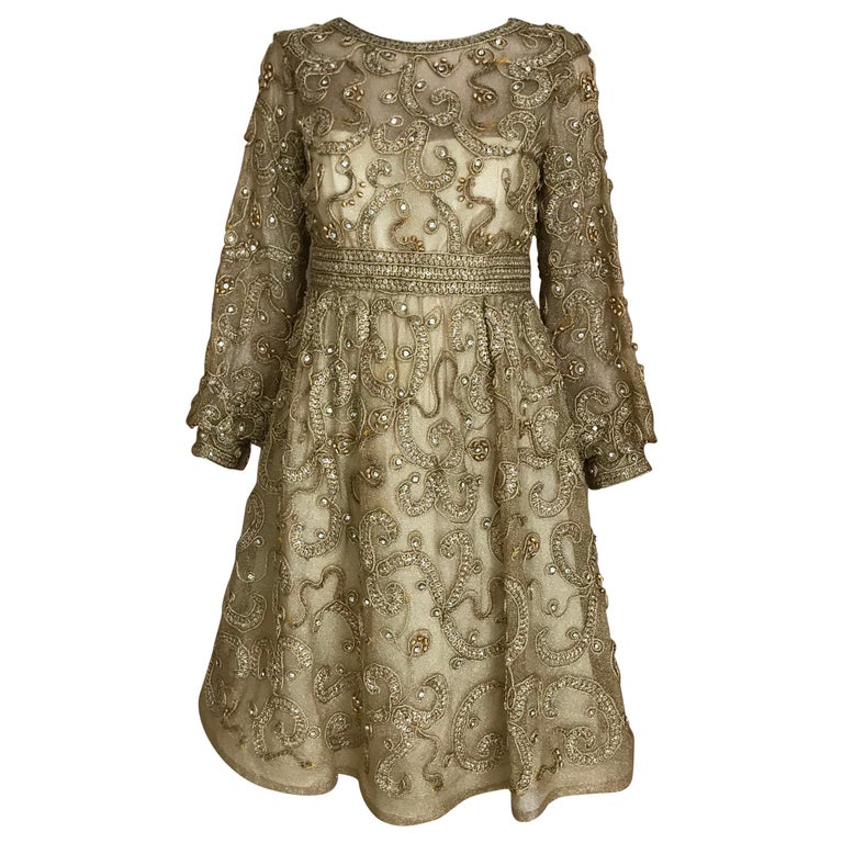 1960s Malcolm Starr Gold Metallic Embroidered Long Sleeve Cocktail Dress  For Sale at 1stDibs | malcolm starr vintage dress, gold metallic dress long  sleeve