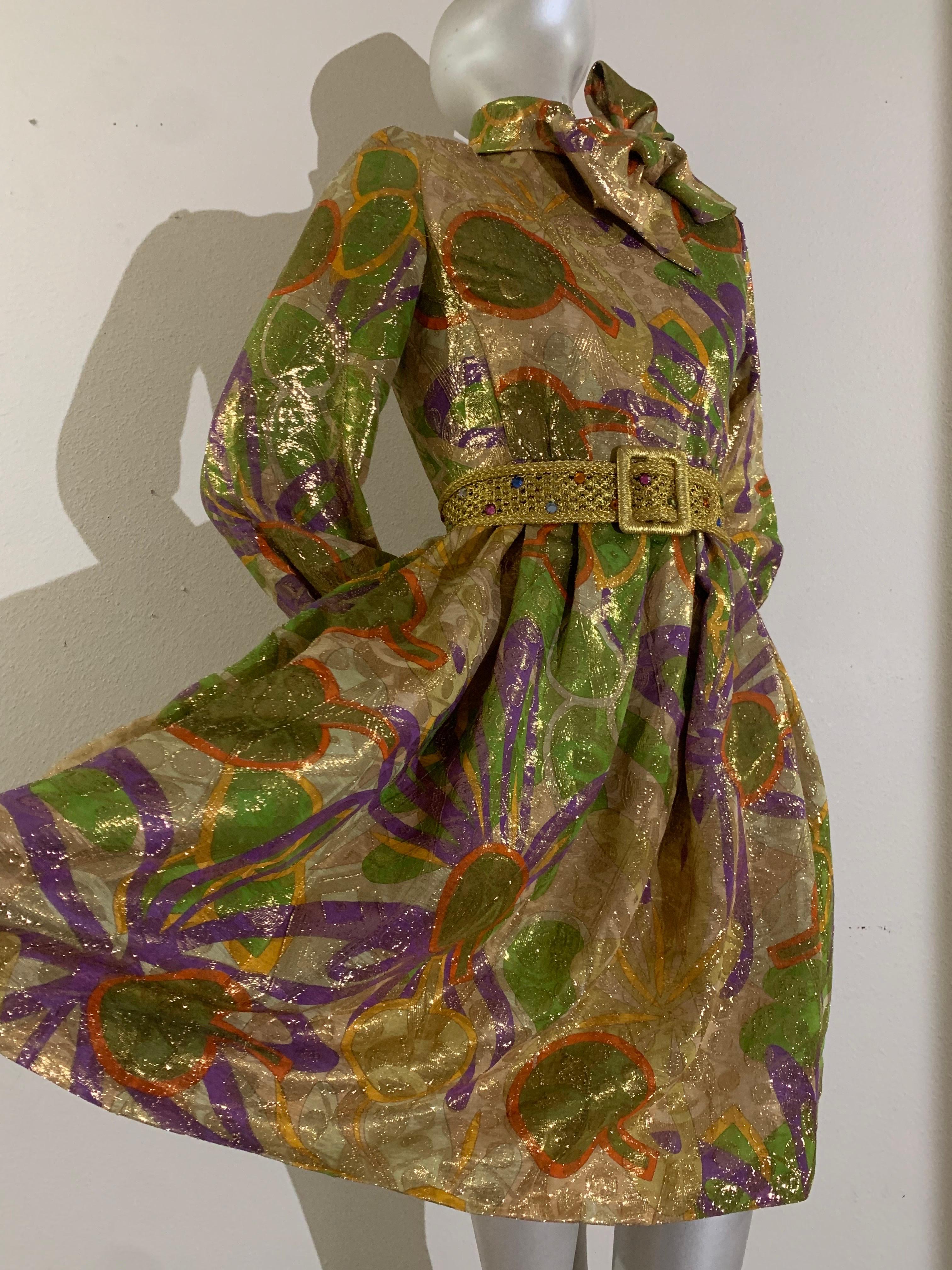 1960s Malcolm Starr Oro Tissue Lame Cocktail Mini Dress w Floral Print en venta 8