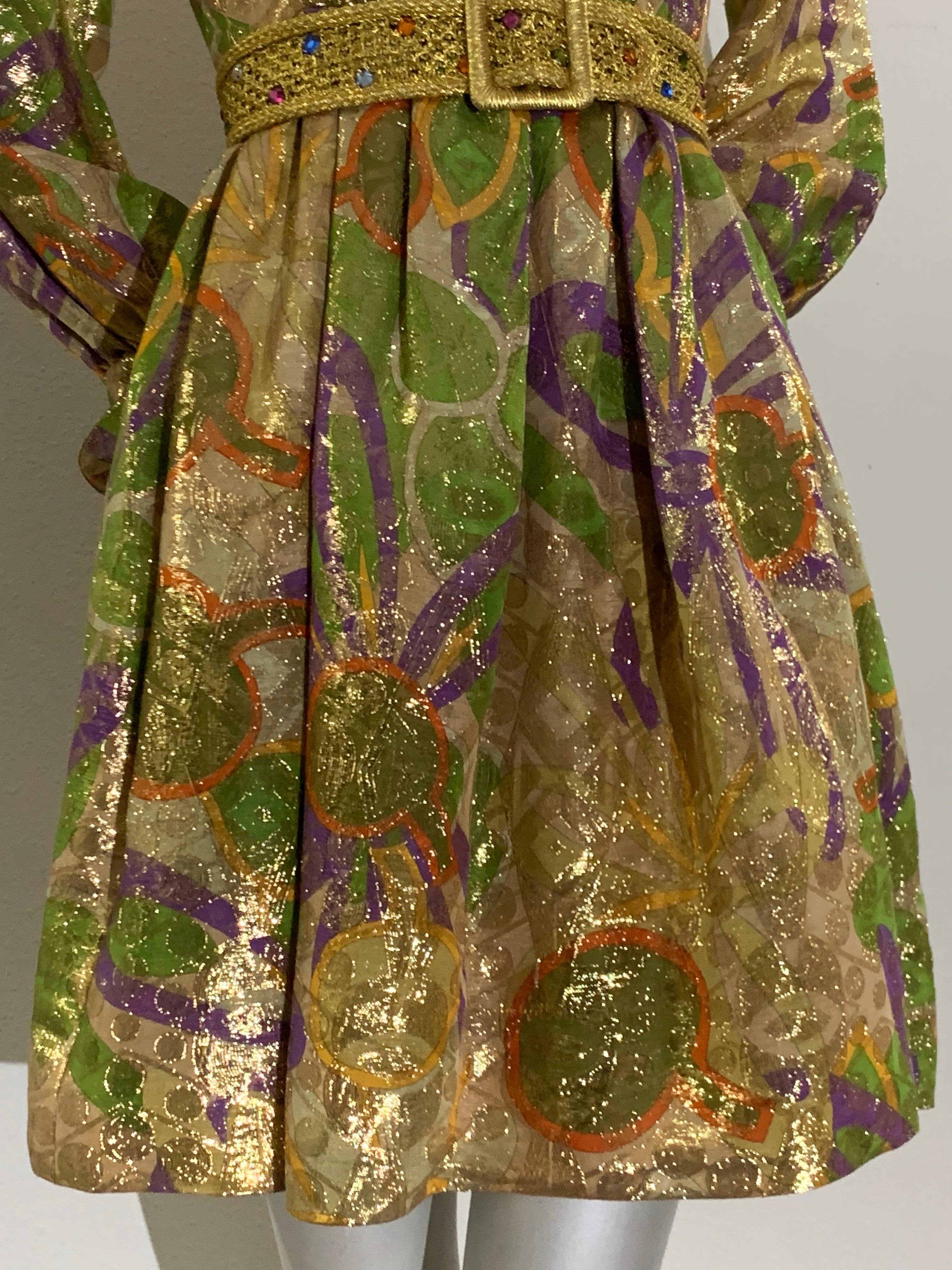 1960s Malcolm Starr Oro Tissue Lame Cocktail Mini Dress w Floral Print Marrón en venta