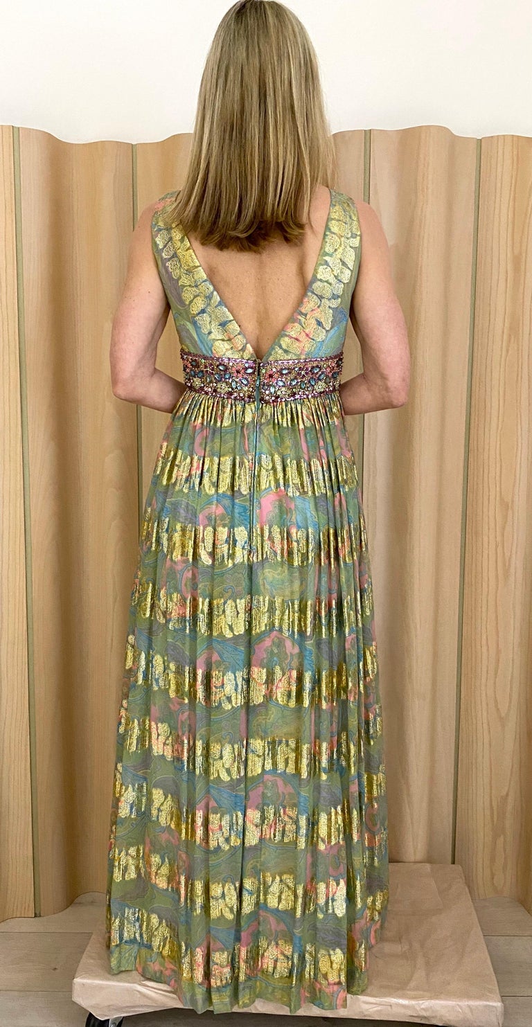 Brown 1960s Malcolm Starr Green Pink Metallic Floral Print Dress For Sale