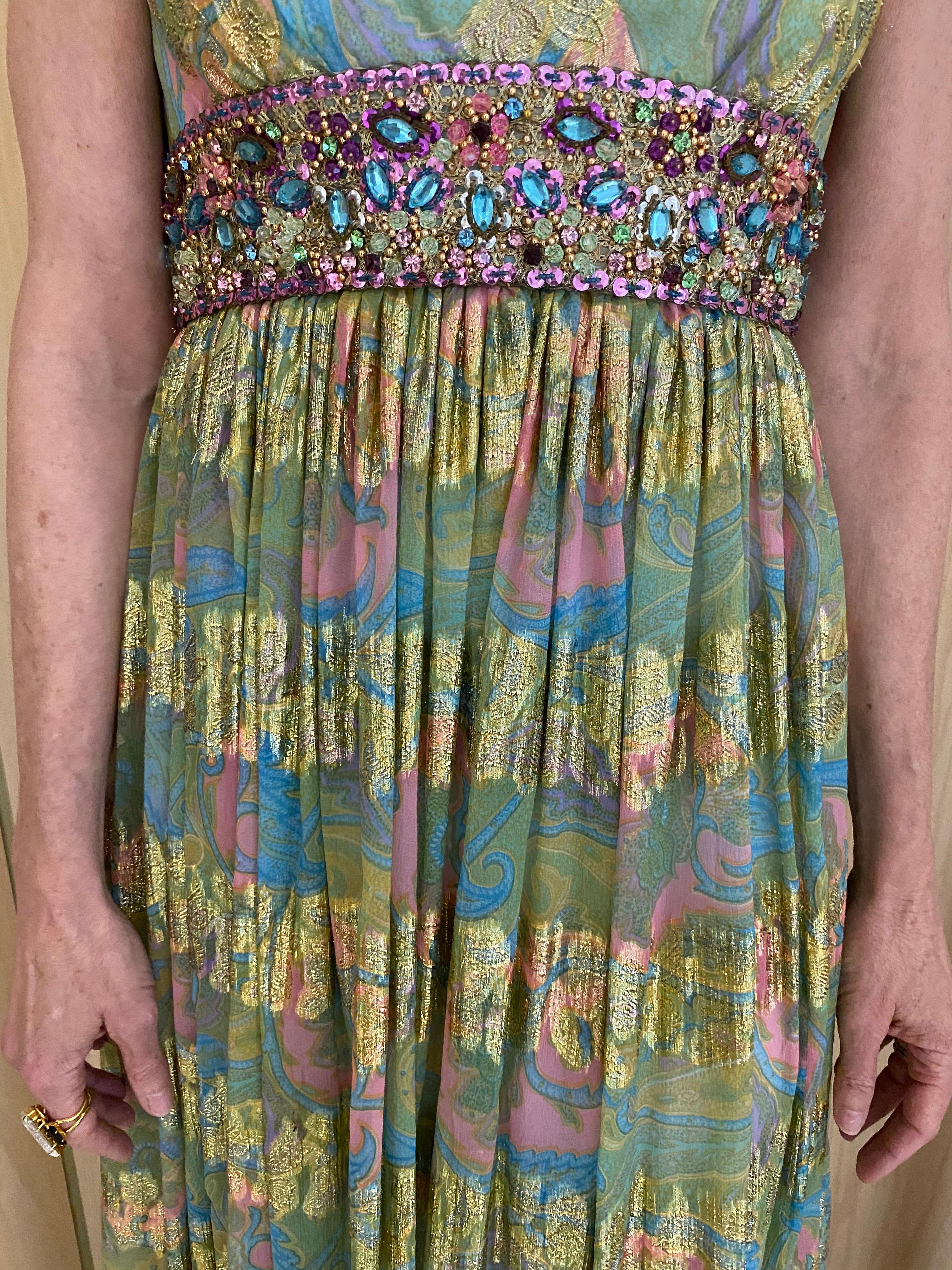 1960s Malcolm Starr Green Pink Metallic Floral Print Dress In Good Condition For Sale In Beverly Hills, CA