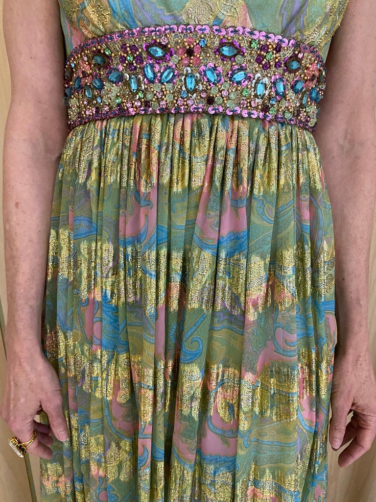 Women's 1960s Malcolm Starr Green Pink Metallic Floral Print Dress For Sale
