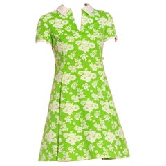 1960S MALCOLM STARR Green & White Cotton Matelassé Dress With Hoodie Style Pock