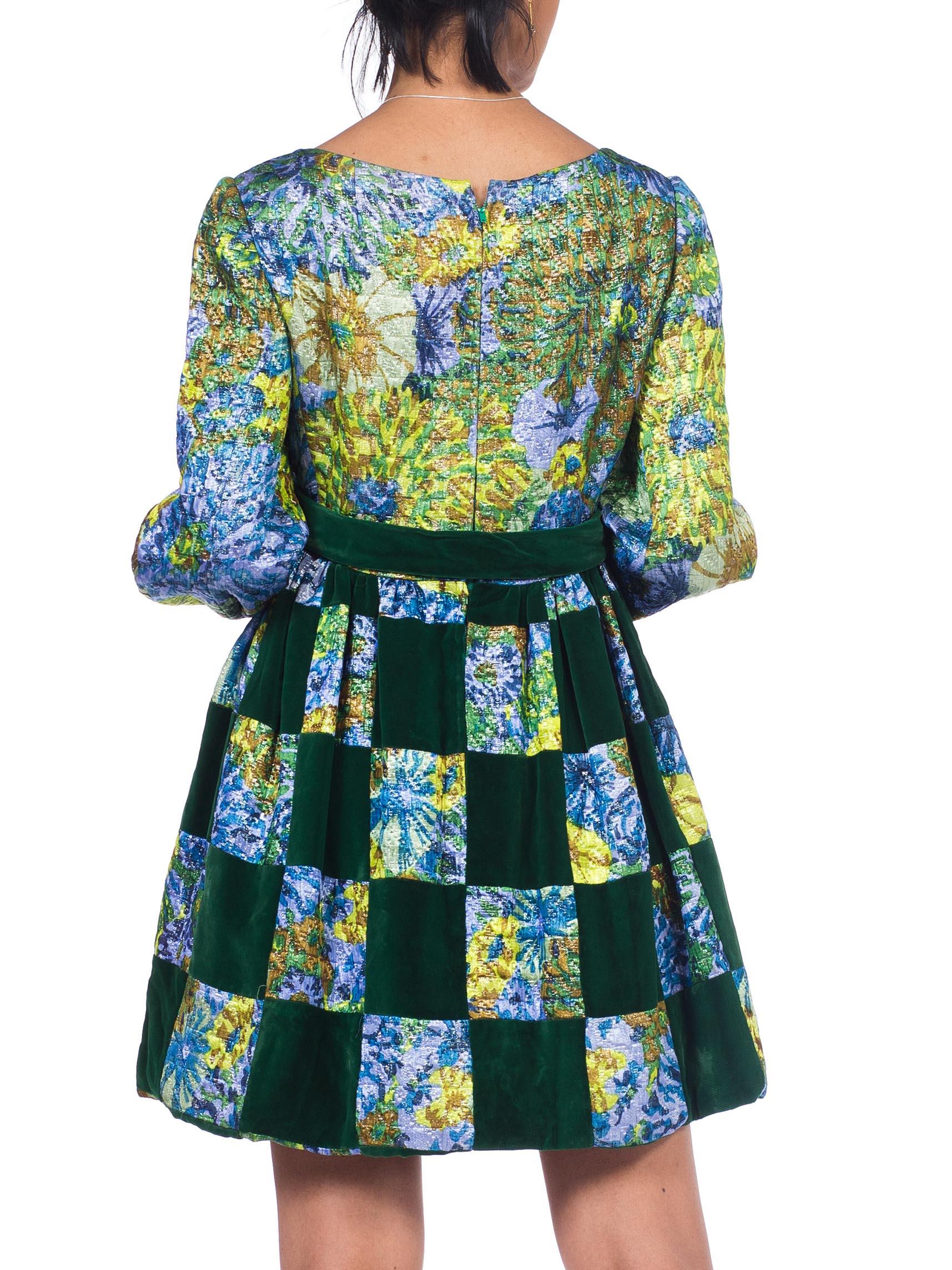 1960S MALCOLM STARR Blue & Green Rayon/Lurex Velvet Patchwork Baby Doll Mini Cocktail Dress