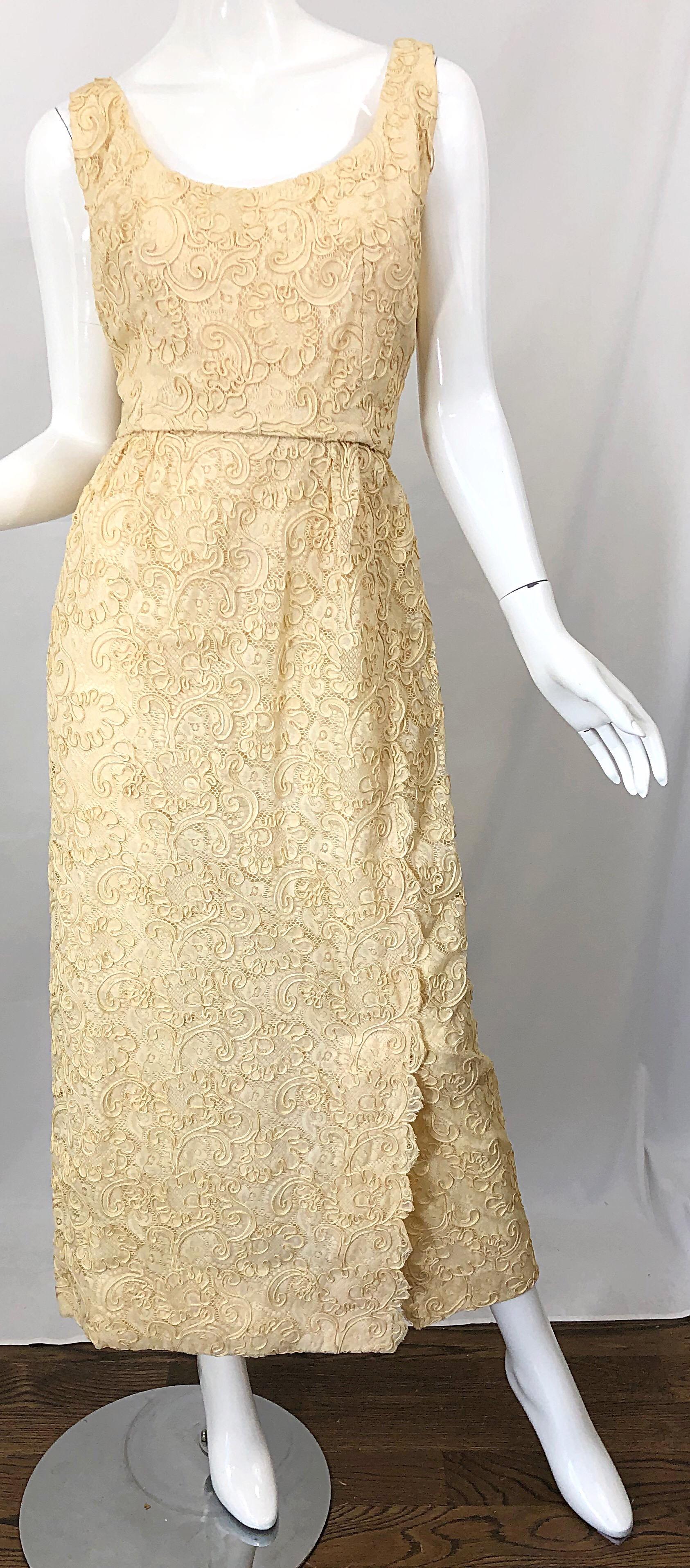 1960s Malcolm Starr Pale Yellow Silk Lace Embroidered Vintage 60s Gown Dress For Sale 2