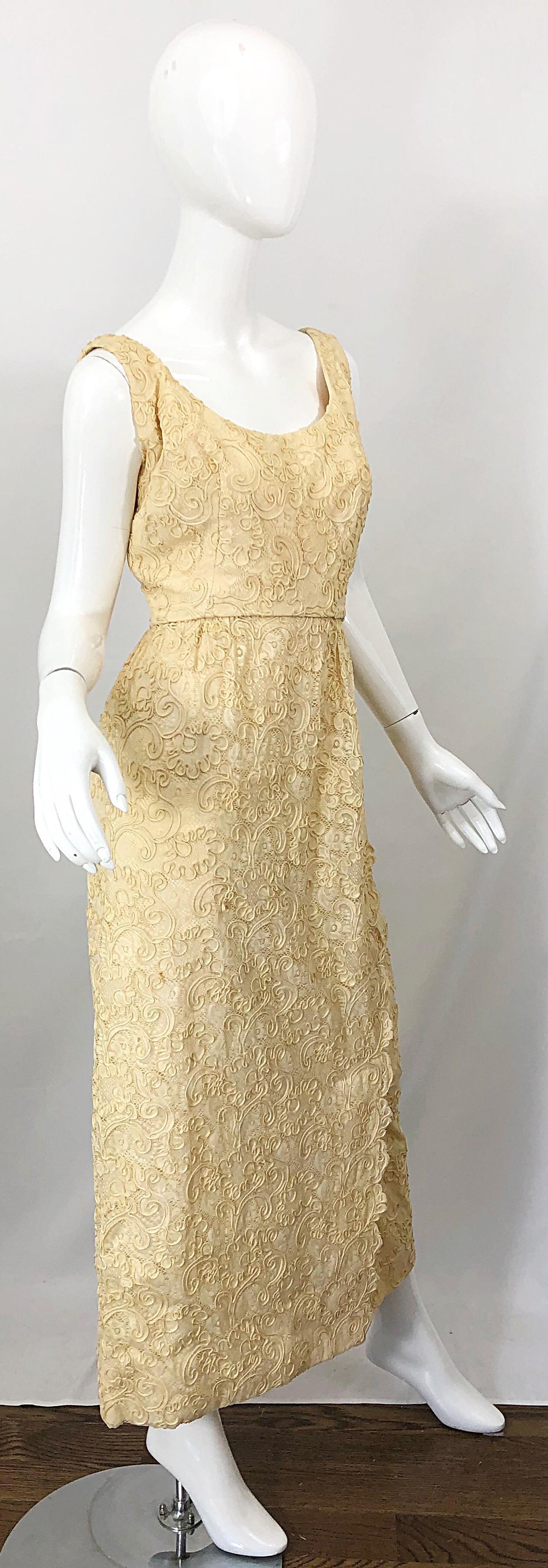 1960s Malcolm Starr Pale Yellow Silk Lace Embroidered Vintage 60s Gown Dress For Sale 3