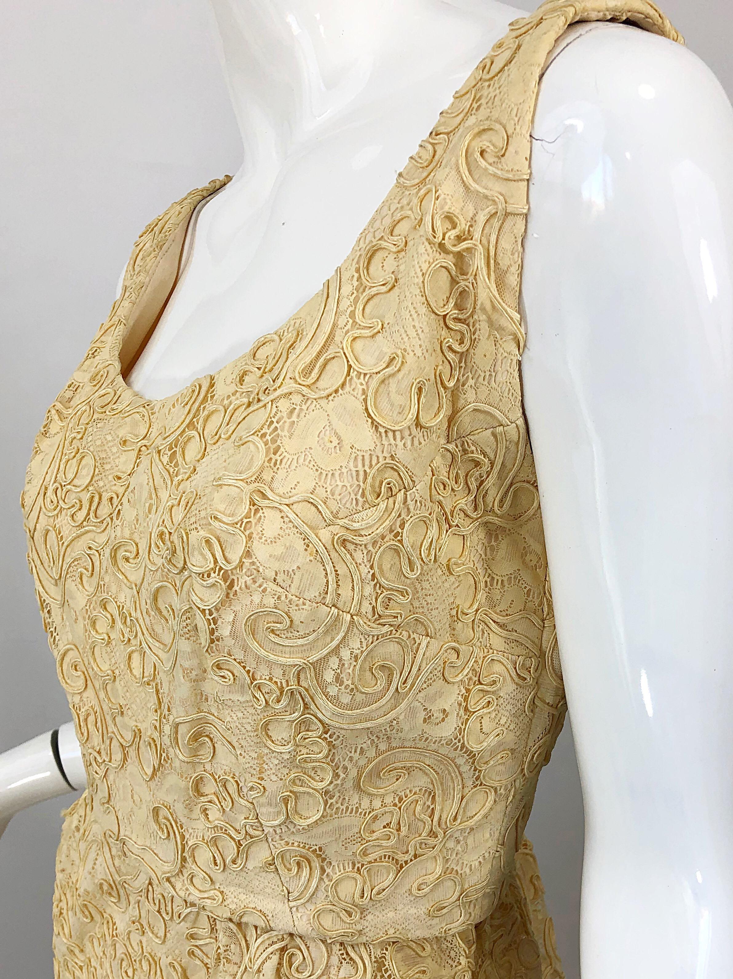 1960er Malcolm Starr blassgelbes, besticktes Vintage-Kleid aus Seidenspitze aus den 60ern im Angebot 7