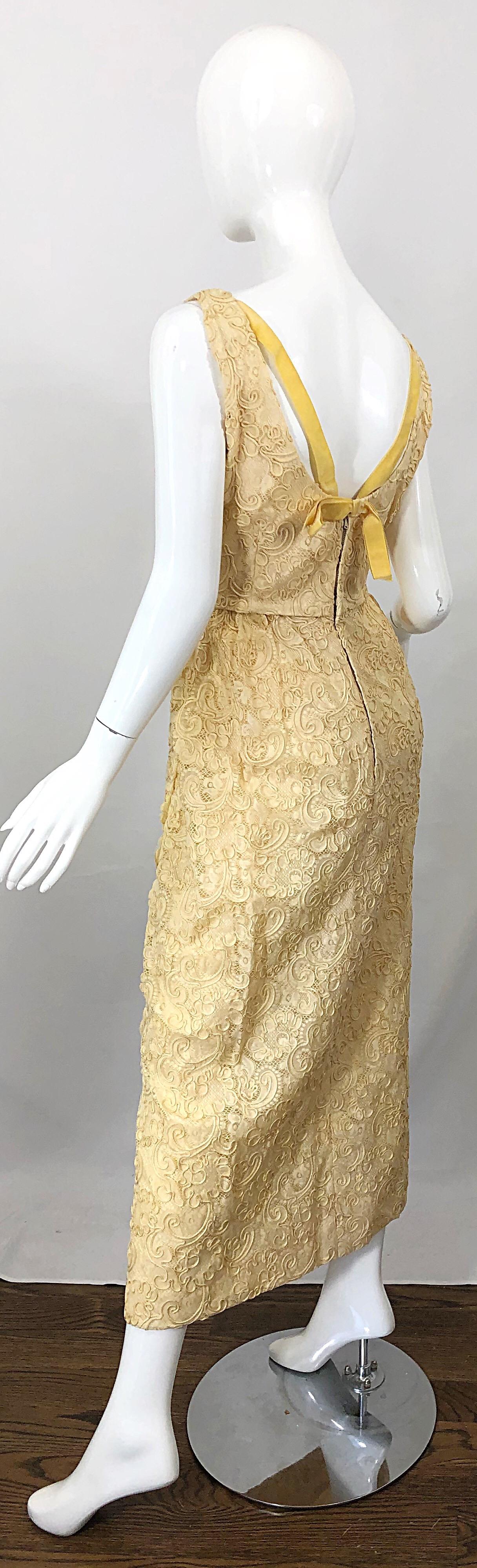 1960s Malcolm Starr Pale Yellow Silk Lace Embroidered Vintage 60s Gown Dress For Sale 5