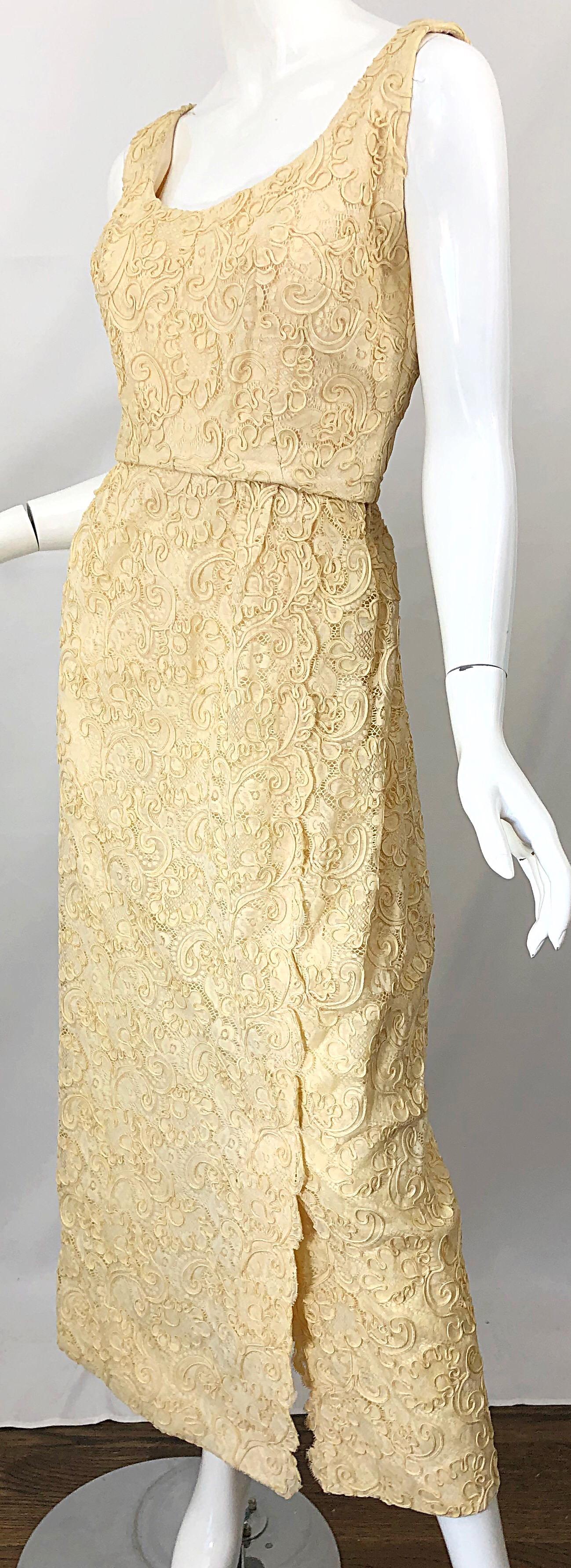 1960s Malcolm Starr Pale Yellow Silk Lace Embroidered Vintage 60s Gown Dress For Sale 6