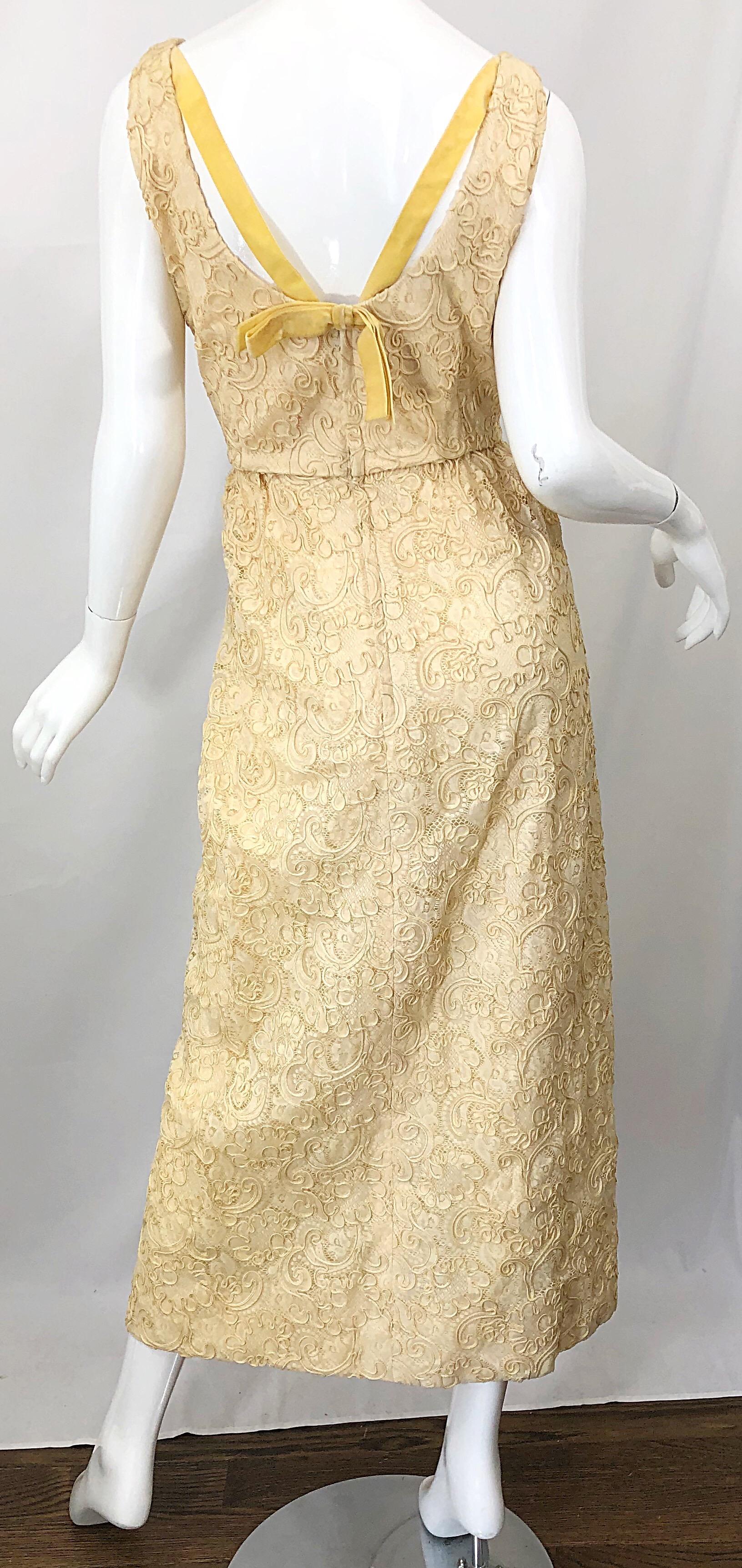 1960s Malcolm Starr Pale Yellow Silk Lace Embroidered Vintage 60s Gown Dress For Sale 7