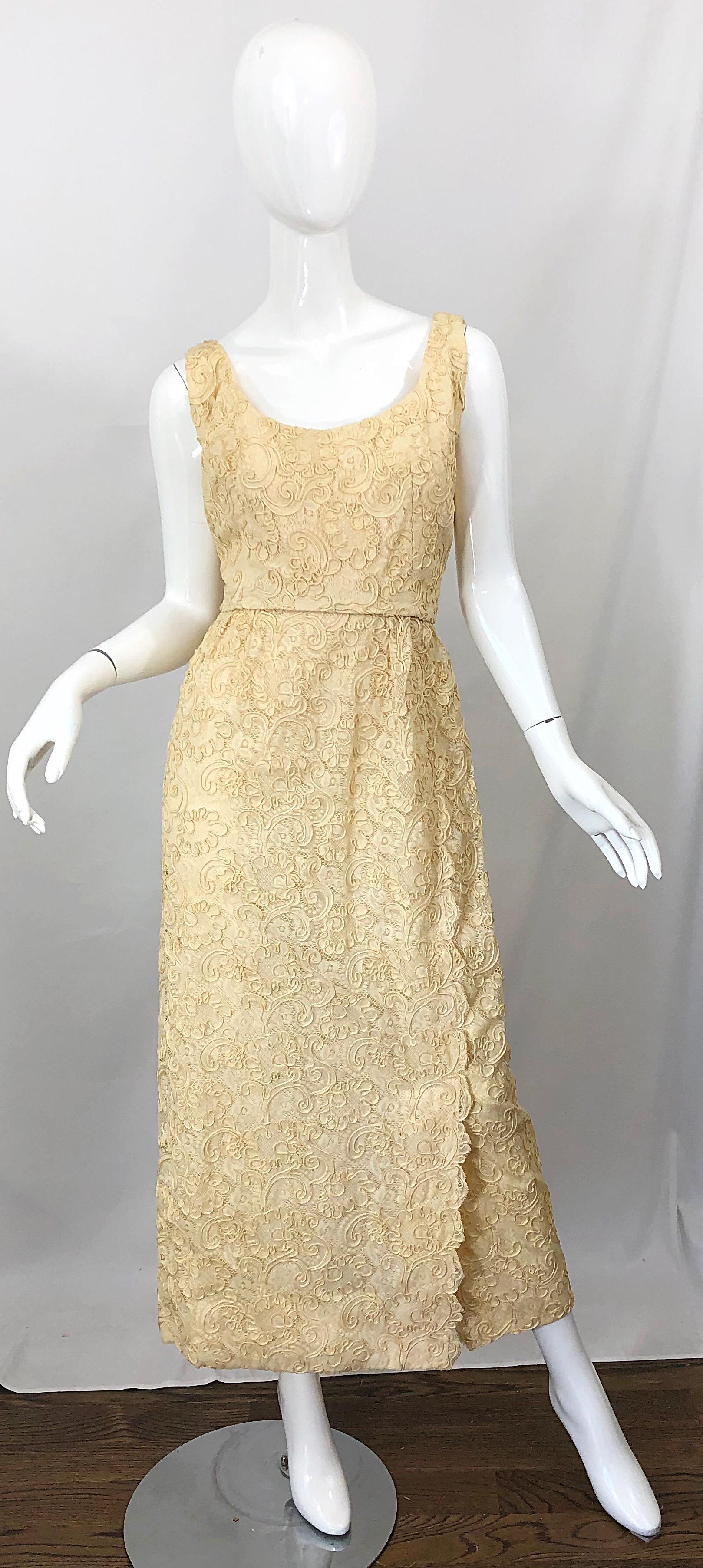 1960s Malcolm Starr Pale Yellow Silk Lace Embroidered Vintage 60s Gown Dress For Sale 8