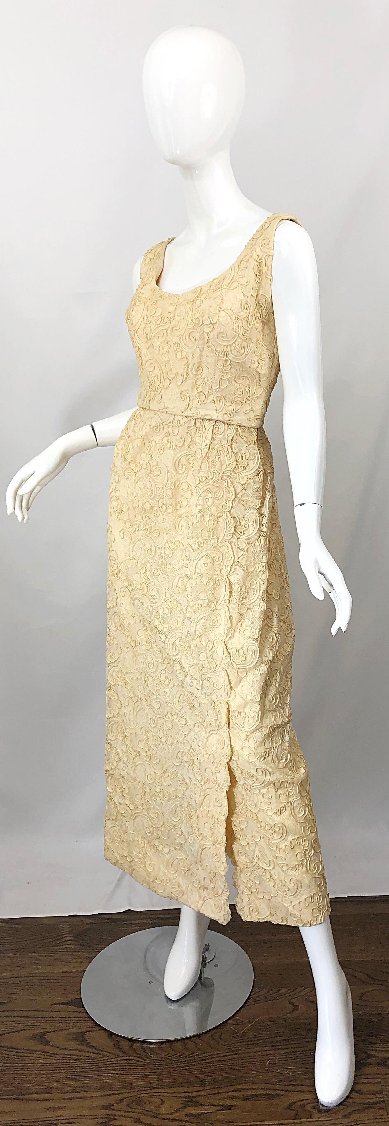 1960s Malcolm Starr Pale Yellow Silk Lace Embroidered Vintage 60s Gown Dress In Excellent Condition For Sale In San Diego, CA