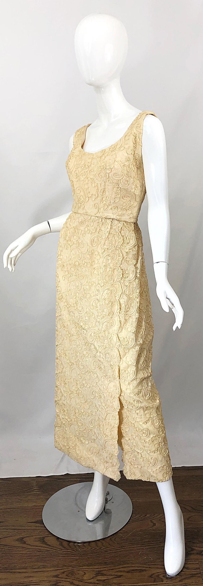 1960s Malcolm Starr Pale Yellow Silk Lace Embroidered Vintage 60s Gown Dress