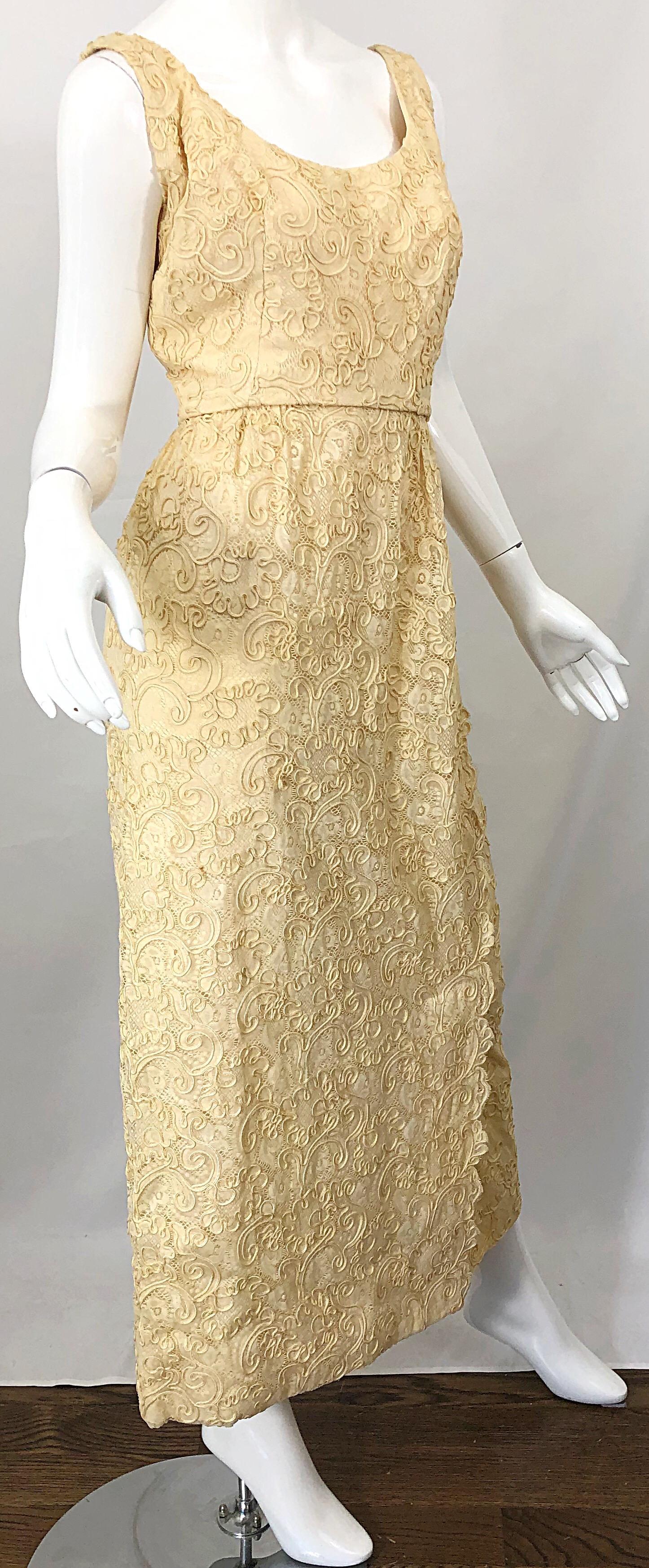 Women's 1960s Malcolm Starr Pale Yellow Silk Lace Embroidered Vintage 60s Gown Dress For Sale