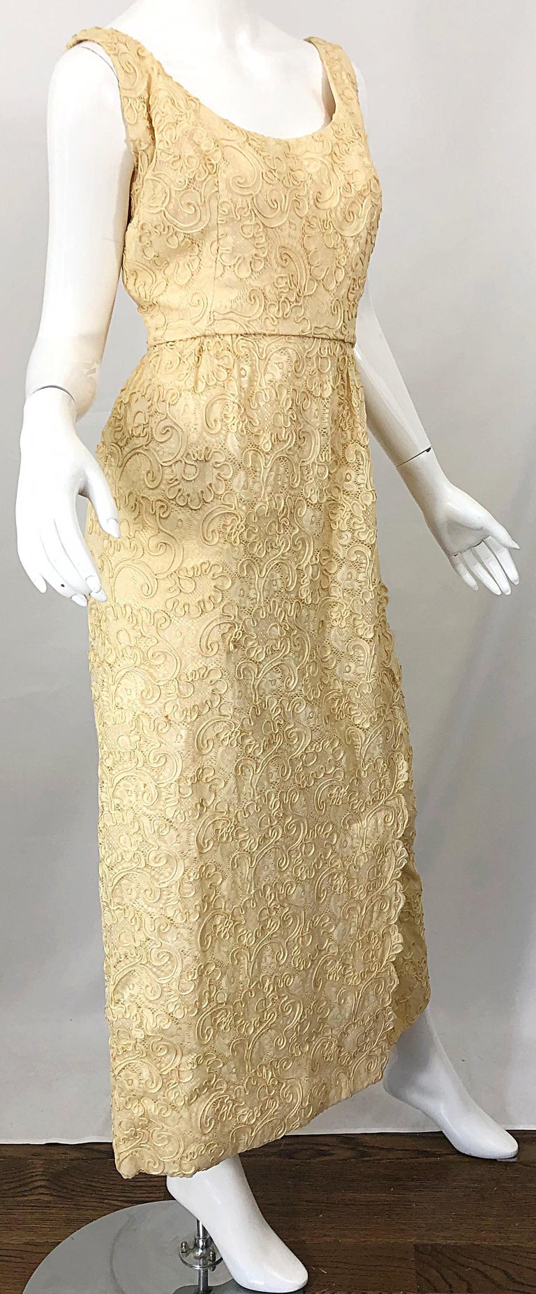 1960s Malcolm Starr Pale Yellow Silk Lace Embroidered Vintage 60s