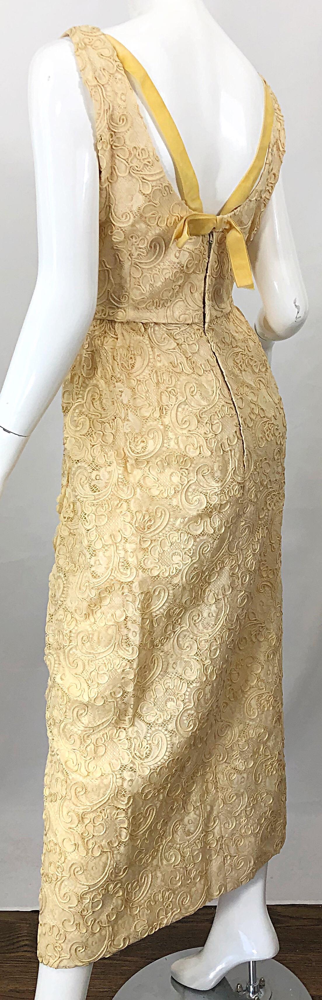 1960s Malcolm Starr Pale Yellow Silk Lace Embroidered Vintage 60s Gown Dress For Sale 1