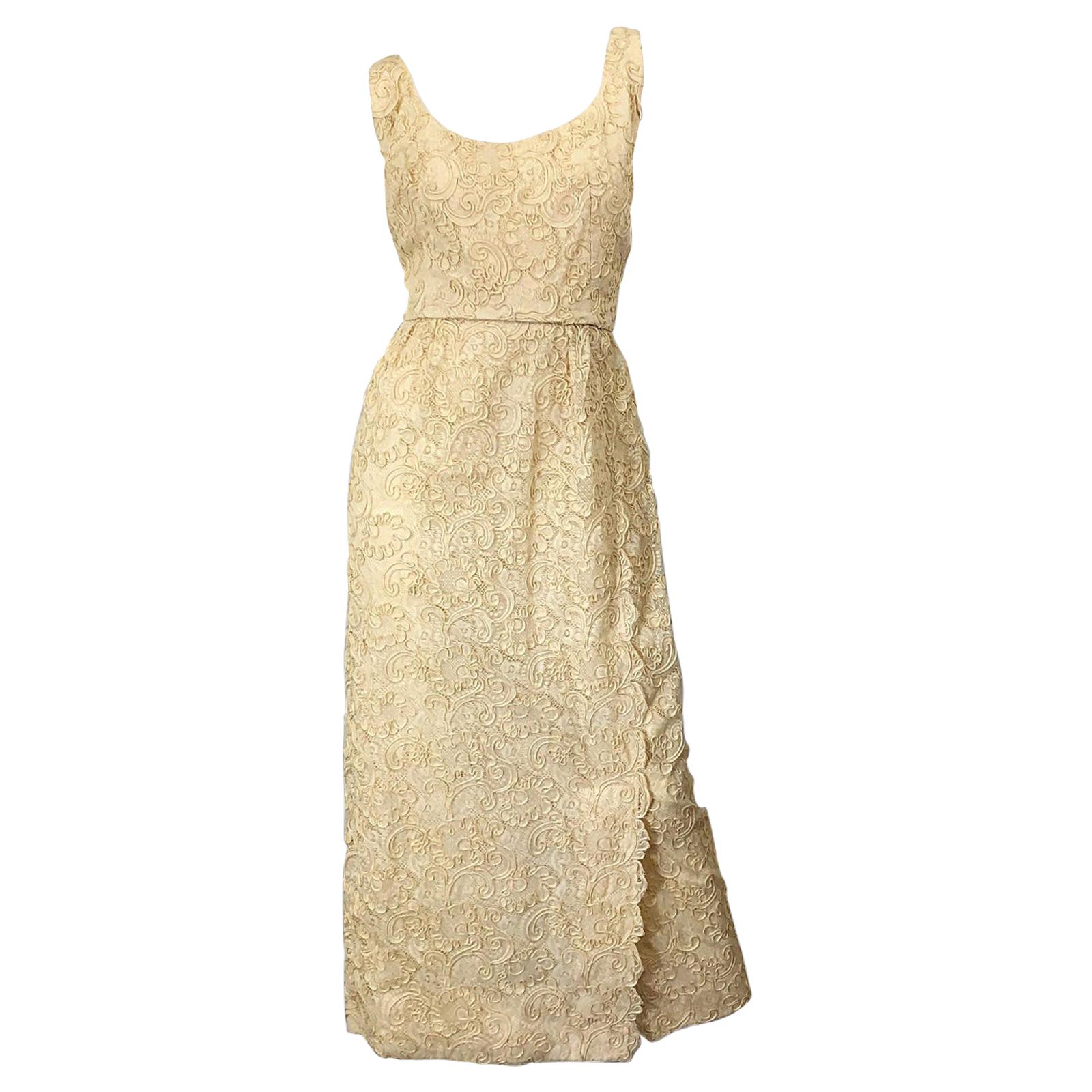 1960s Malcolm Starr Pale Yellow Silk Lace Embroidered Vintage 60s Gown Dress For Sale