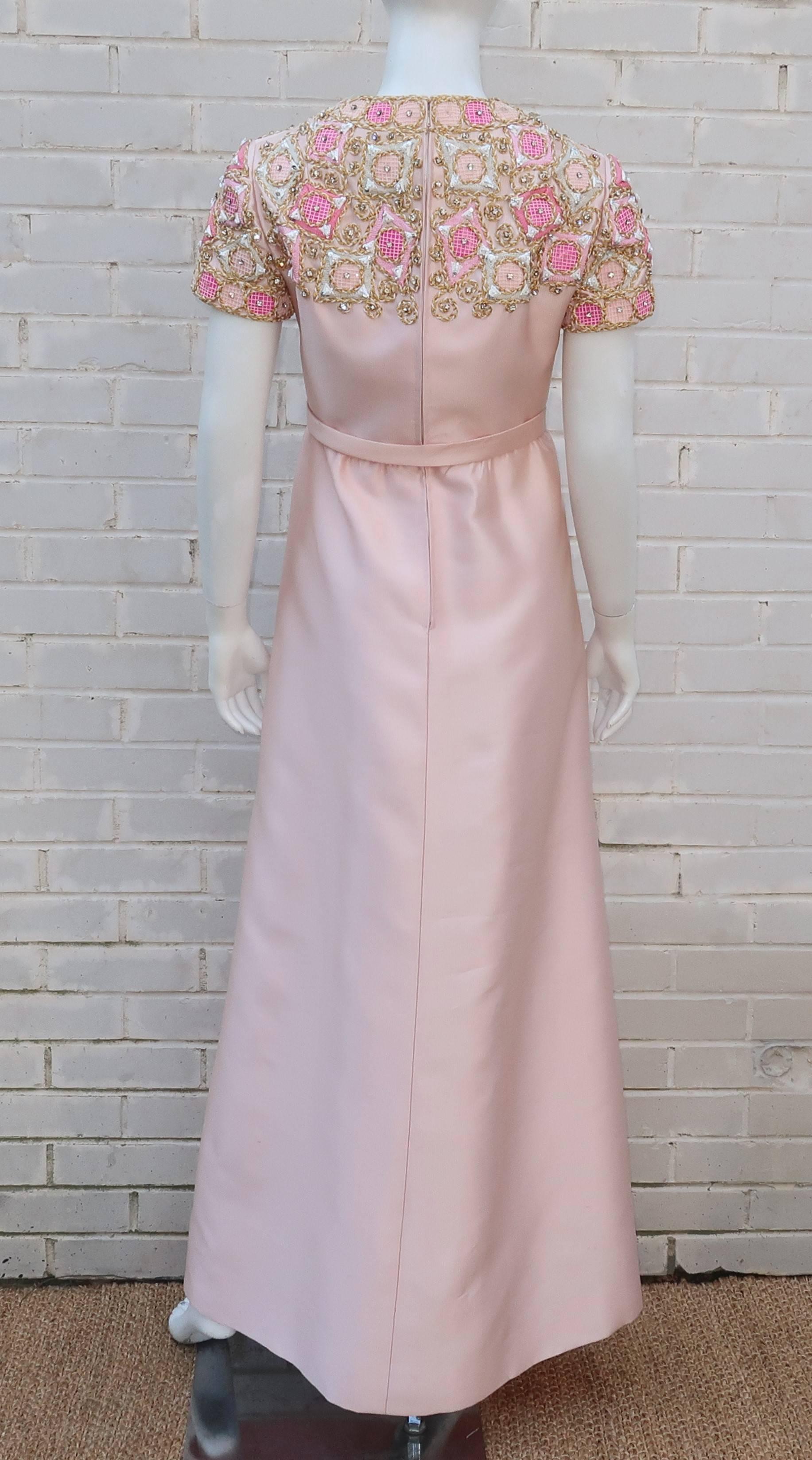 1960’s Malcolm Starr Pink Beaded Evening Dress With Rhinestones 5