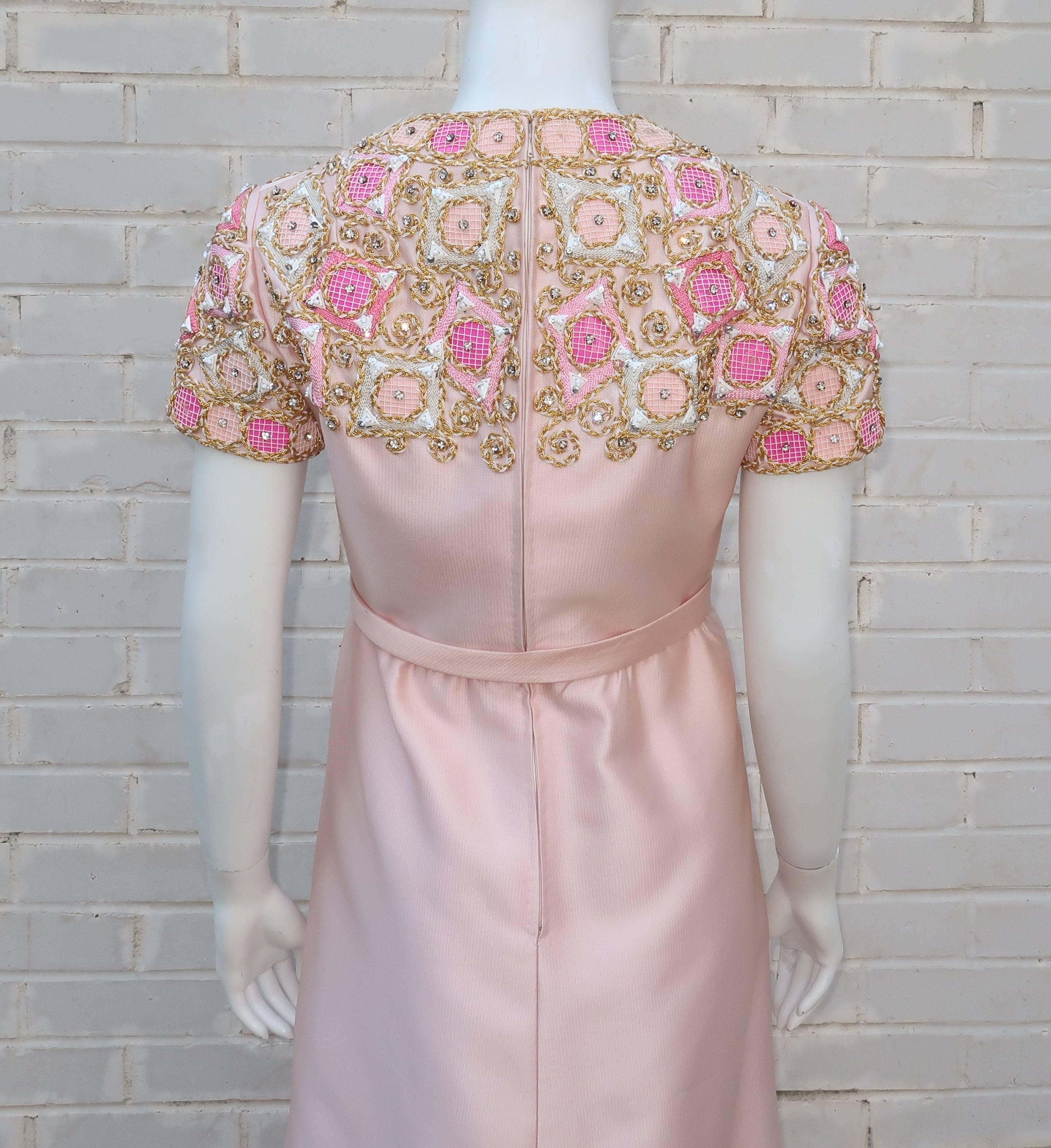 1960’s Malcolm Starr Pink Beaded Evening Dress With Rhinestones 6