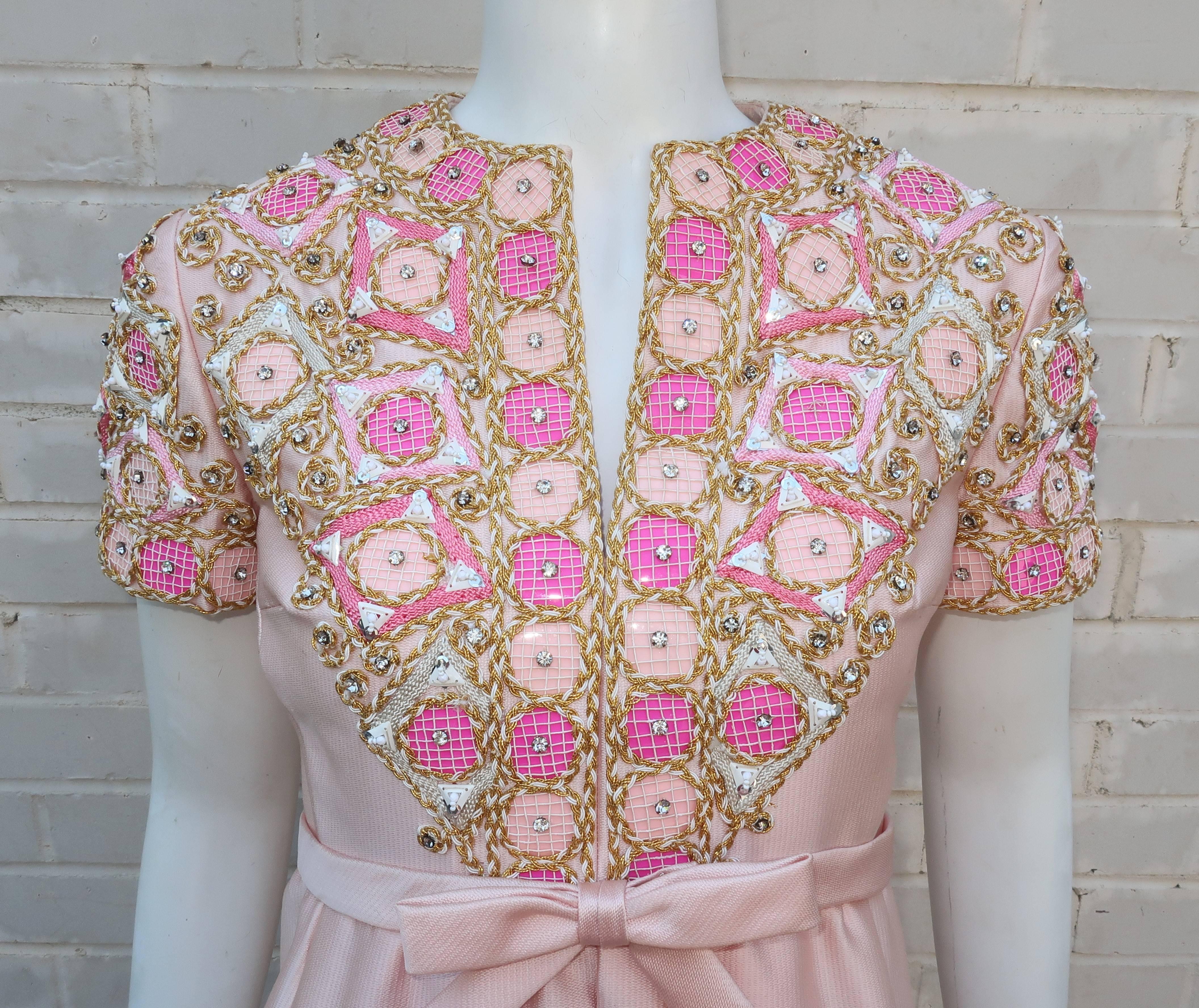 Gray 1960’s Malcolm Starr Pink Beaded Evening Dress With Rhinestones
