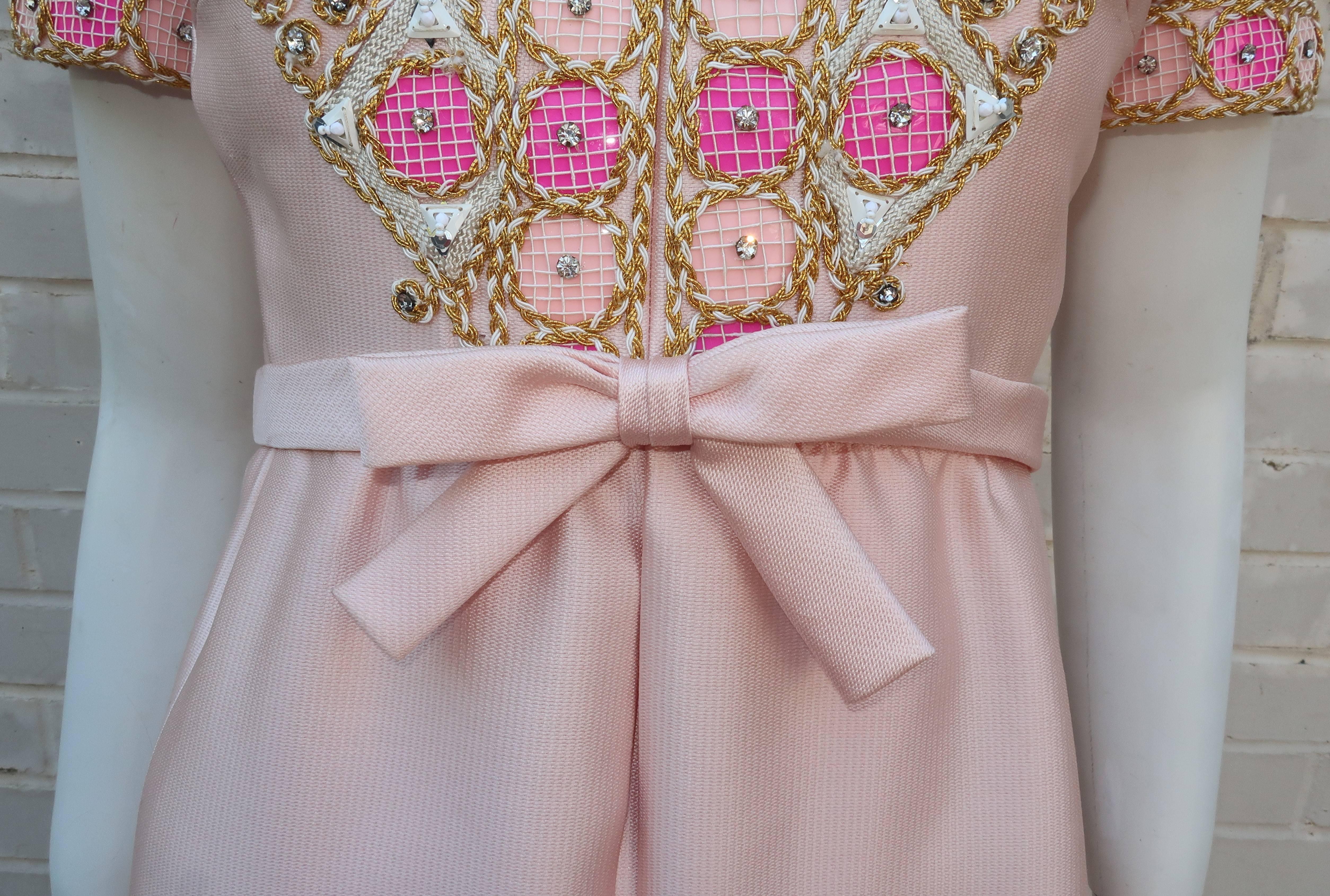 1960’s Malcolm Starr Pink Beaded Evening Dress With Rhinestones 1