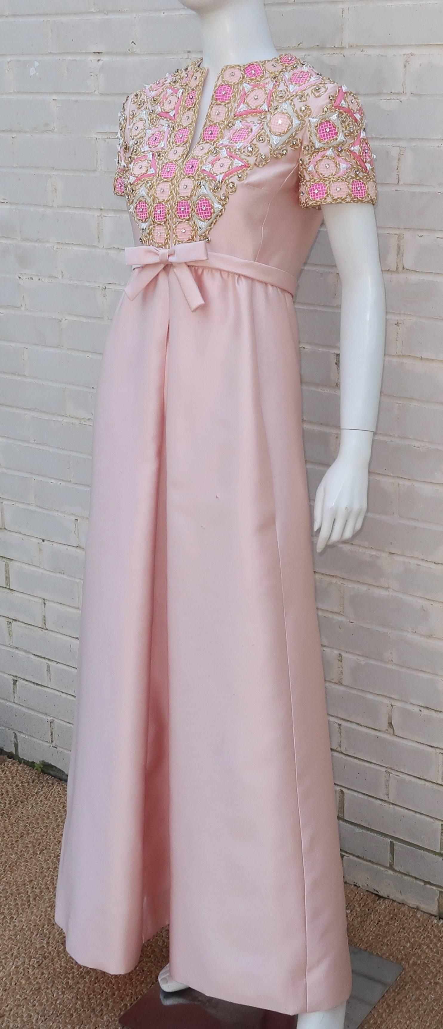 1960’s Malcolm Starr Pink Beaded Evening Dress With Rhinestones 3