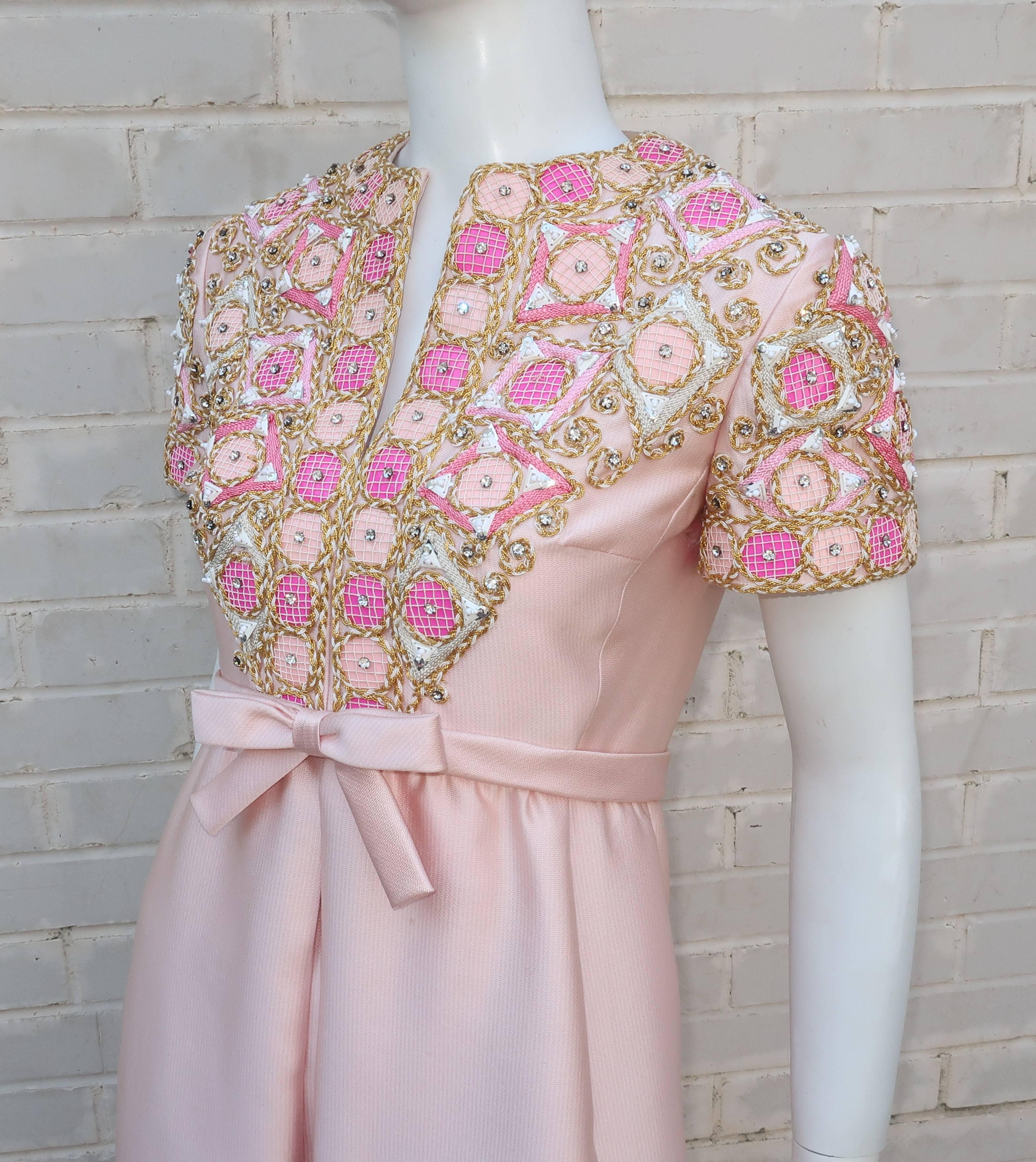 1960’s Malcolm Starr Pink Beaded Evening Dress With Rhinestones 4