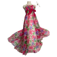 1960s Malcolm Starr Shocking Pink Floral Organza Strapless Gown - Never Worn