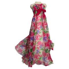 1960s Malcolm Starr Shocking Pink Floral Organza Strapless Gown - Never Worn