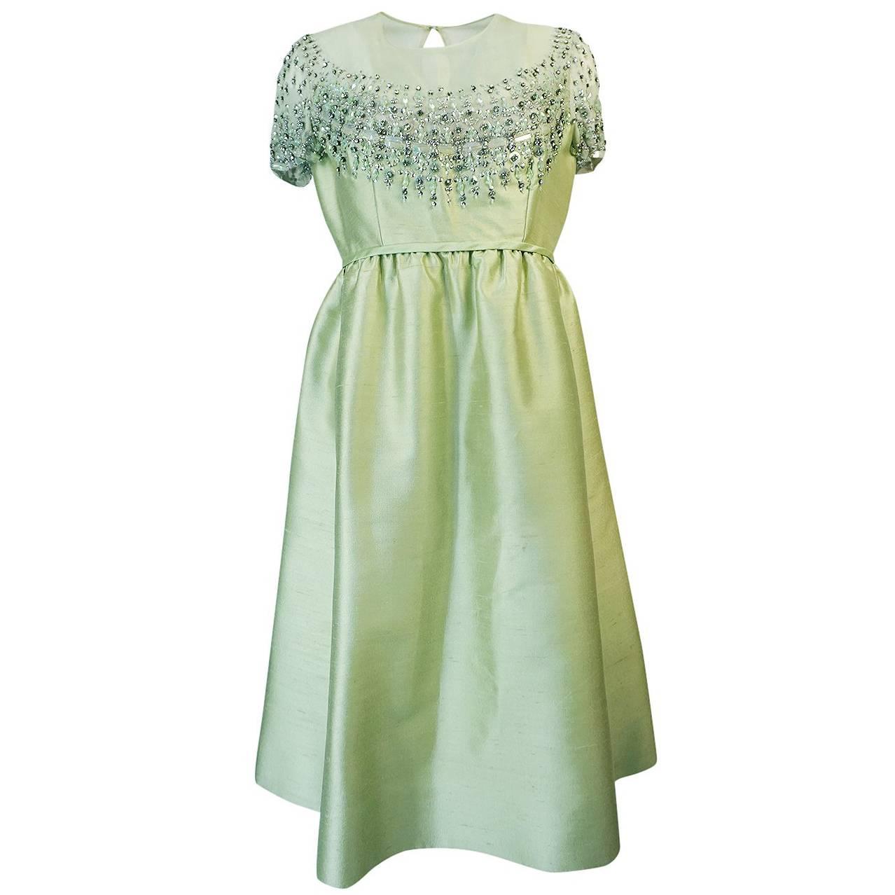 1960s Malcolm Starr Silk, Sequin, Beads & Crystal Embellished Dress