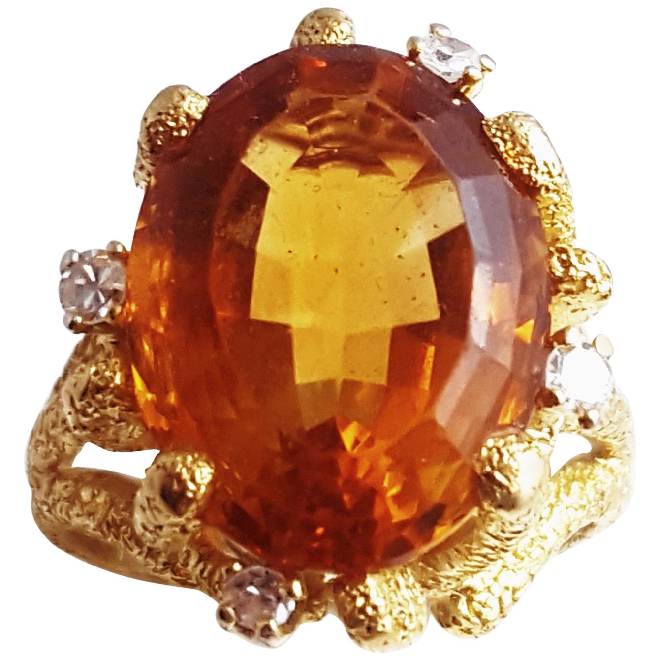 1960s Mandarin Citrine and Diamond 18 Karat Bark Finished Ring For Sale