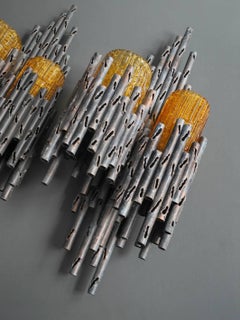 1960s Marcello Fantoni Brutalist Iron Wall Lamps with Orange Glass Shades, Pair