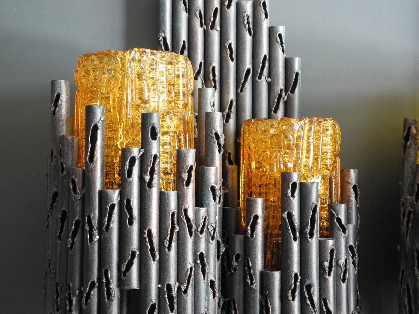 1960s Marcello Fantoni Brutalist Iron Wall Lamps with Orange Glass Shades, Pair In Good Condition In München, DE