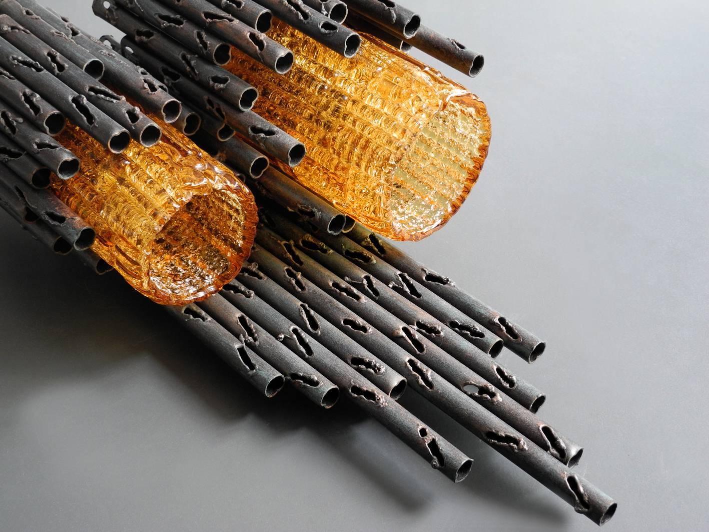Mid-20th Century 1960s Marcello Fantoni Brutalist Iron Wall Lamps with Orange Glass Shades, Pair