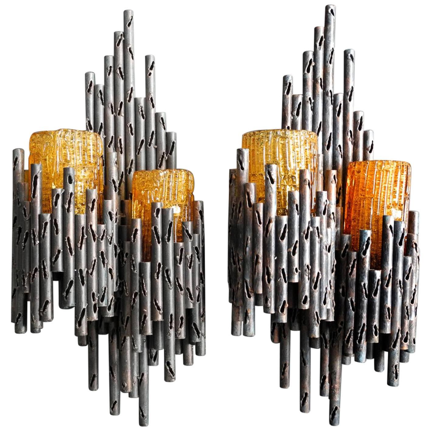 1960s Marcello Fantoni Brutalist Iron Wall Lamps with Orange Glass Shades, Pair